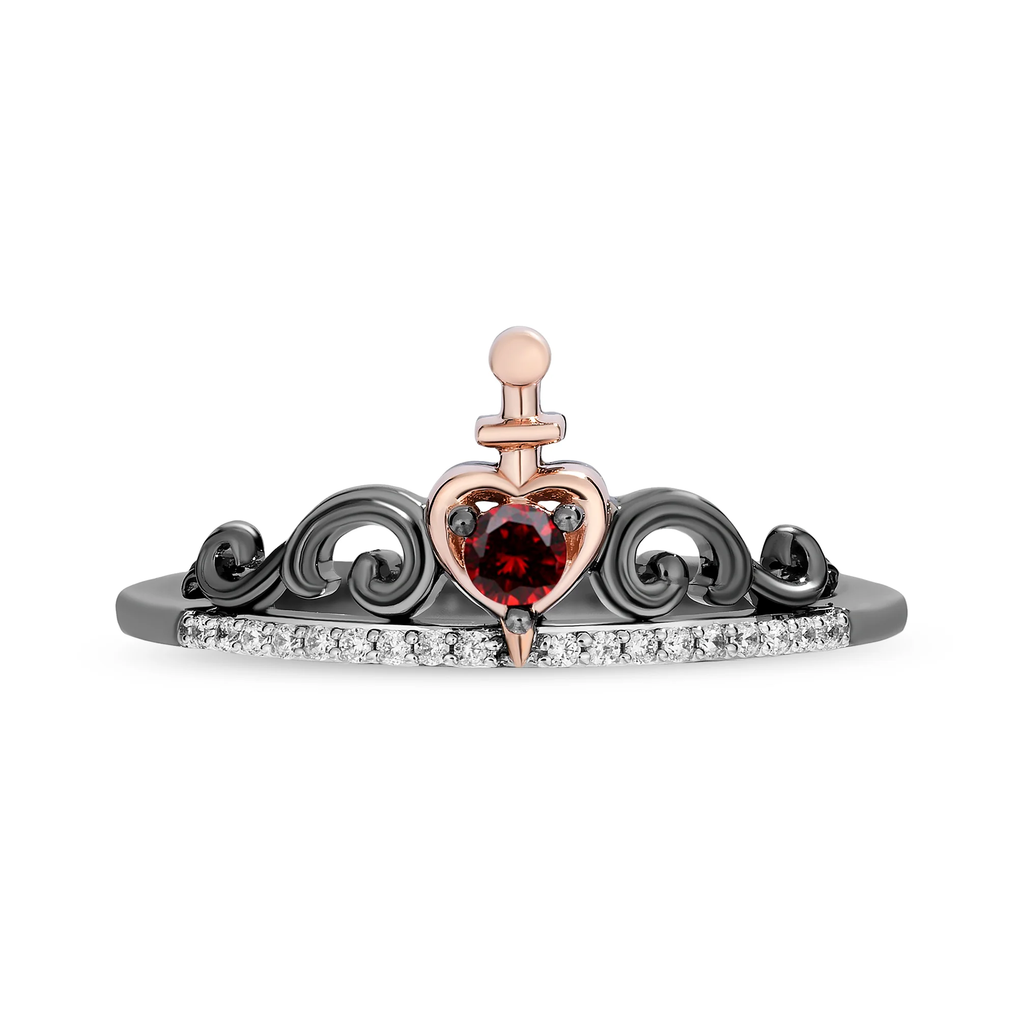 Enchanted Disney Fine Jewelry Black Rhodium Over Sterling Silver with 10K Rose Gold and Yellow Gold 1/8 CTTW Diamond and Red Garnet Evil Queen Stack Ring - Image 6