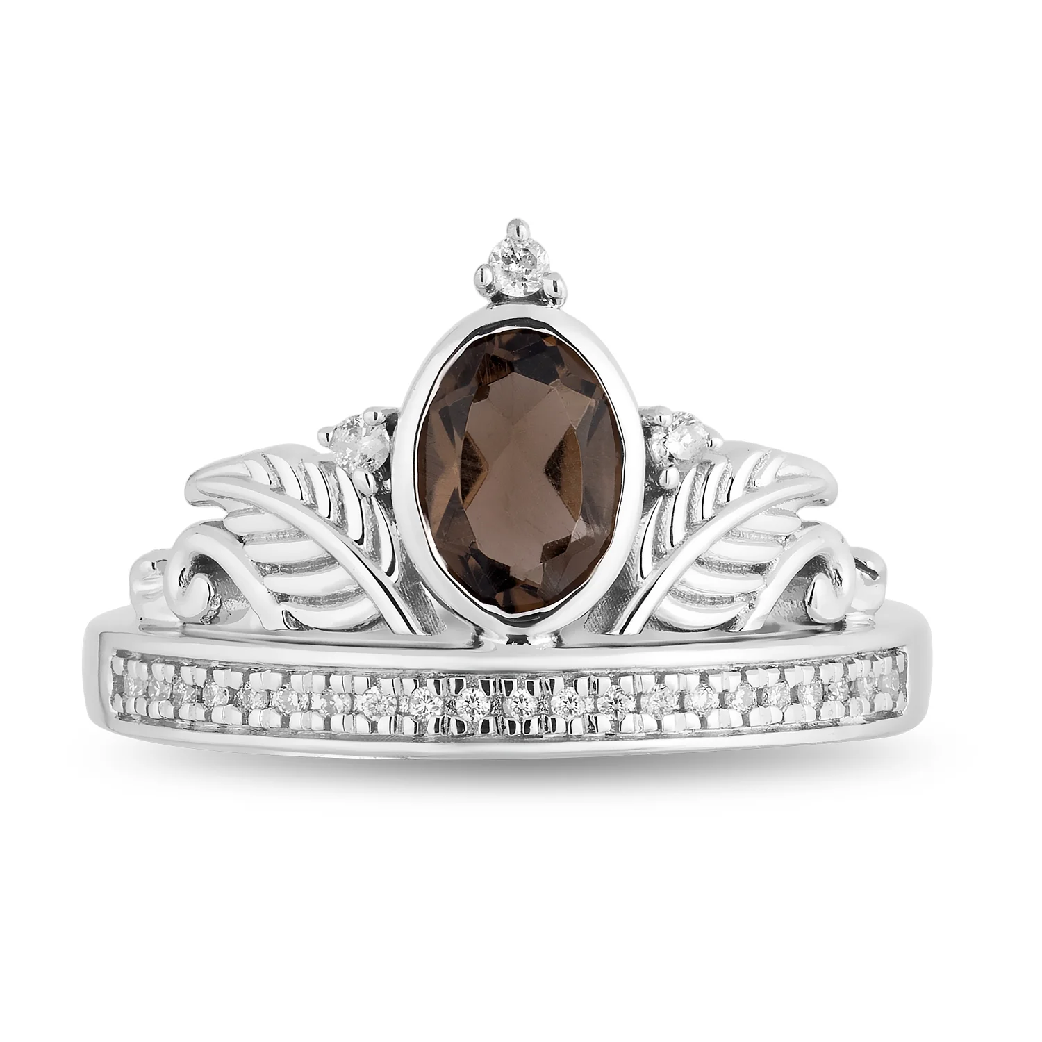 Enchanted Disney Fine Jewelry Sterling Silver 1/10 CTTW Diamond and Smokey Quartz Pocahontas Feather Tiara Ring - Image 3