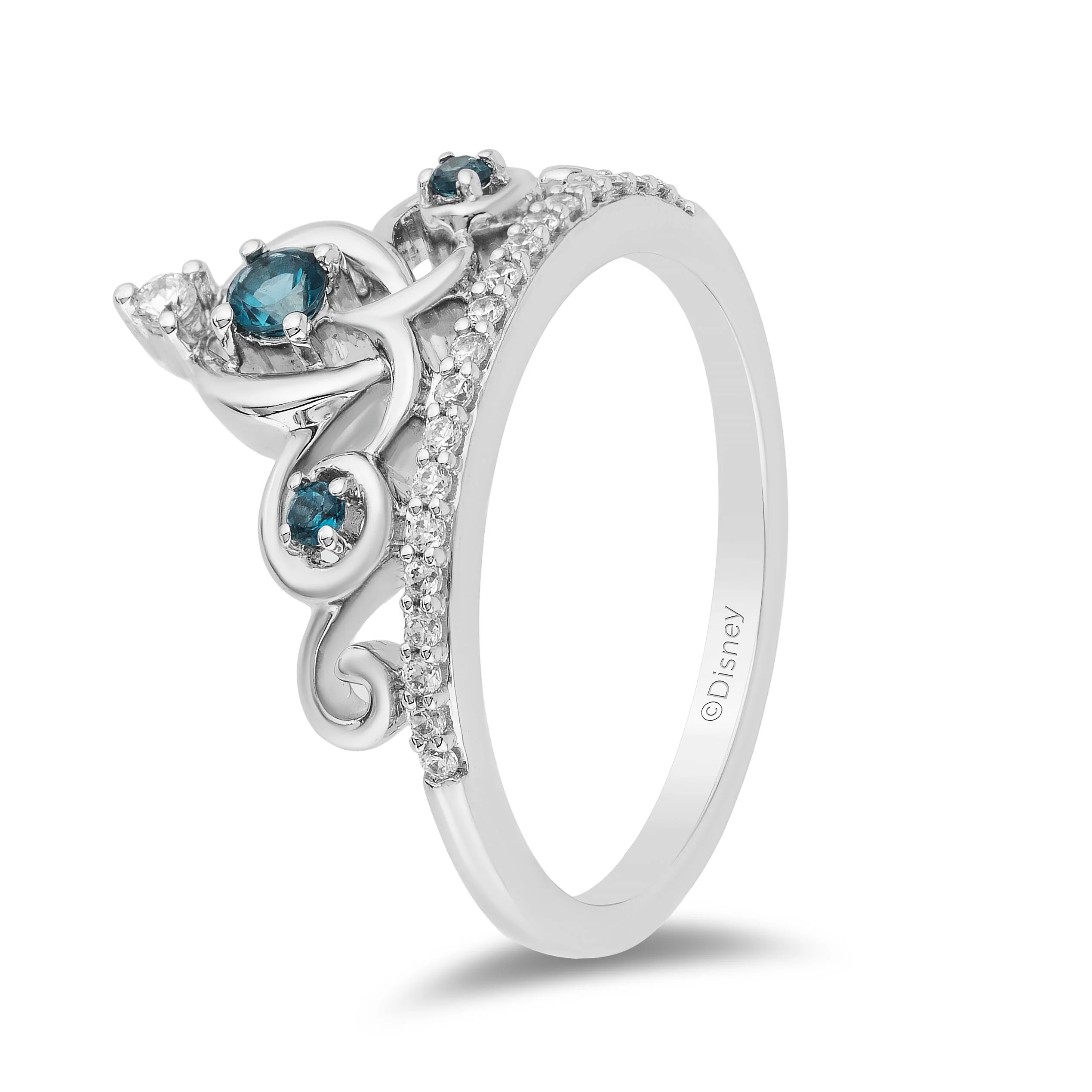 Enchanted Disney Fine Jewelry Sterling Silver 1/6 CTTW Diamond and London Blue Topaz Cinderella Tiara Ring - Image 5