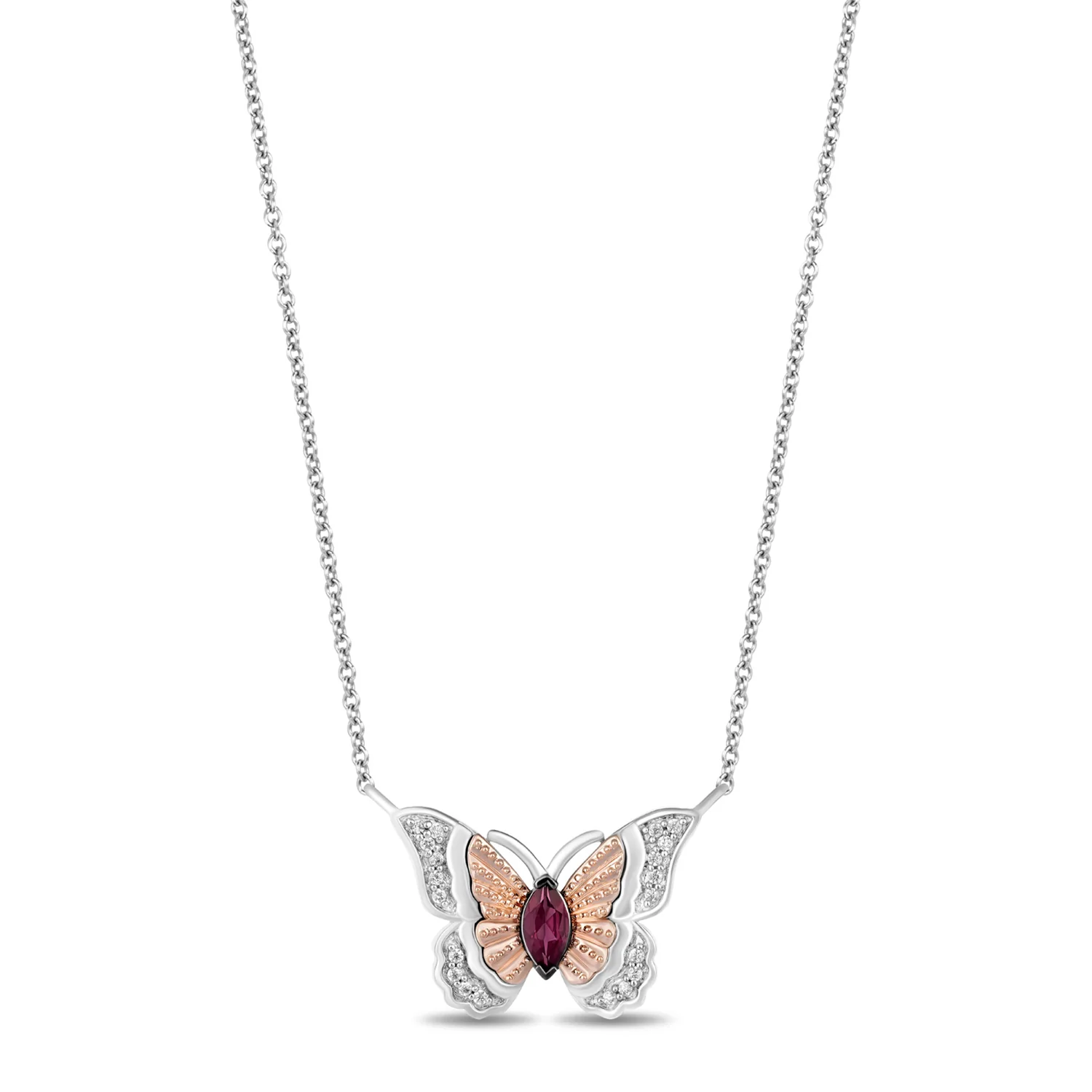 Enchanted Disney Fine Jewelry Sterling Silver and 10K Rose Gold 1/10 CTTW Diamond and Rhodolite Garnet Mulan Butterfly Necklace