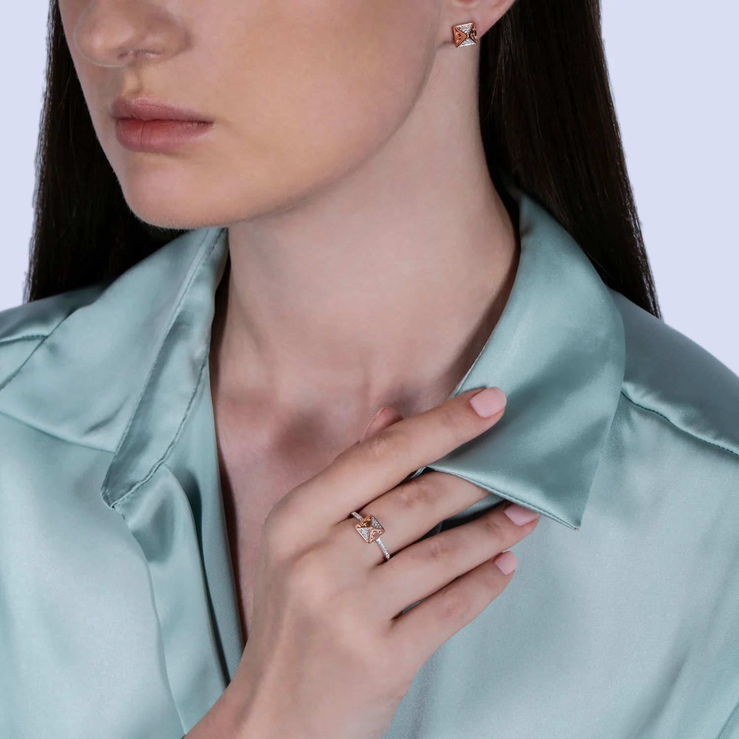Enchanted Disney Fine Jewelry Sterling Silver and 10K Rose Gold 1/10 CTTW Diamond Aurora Pyramid Ring - Image 2