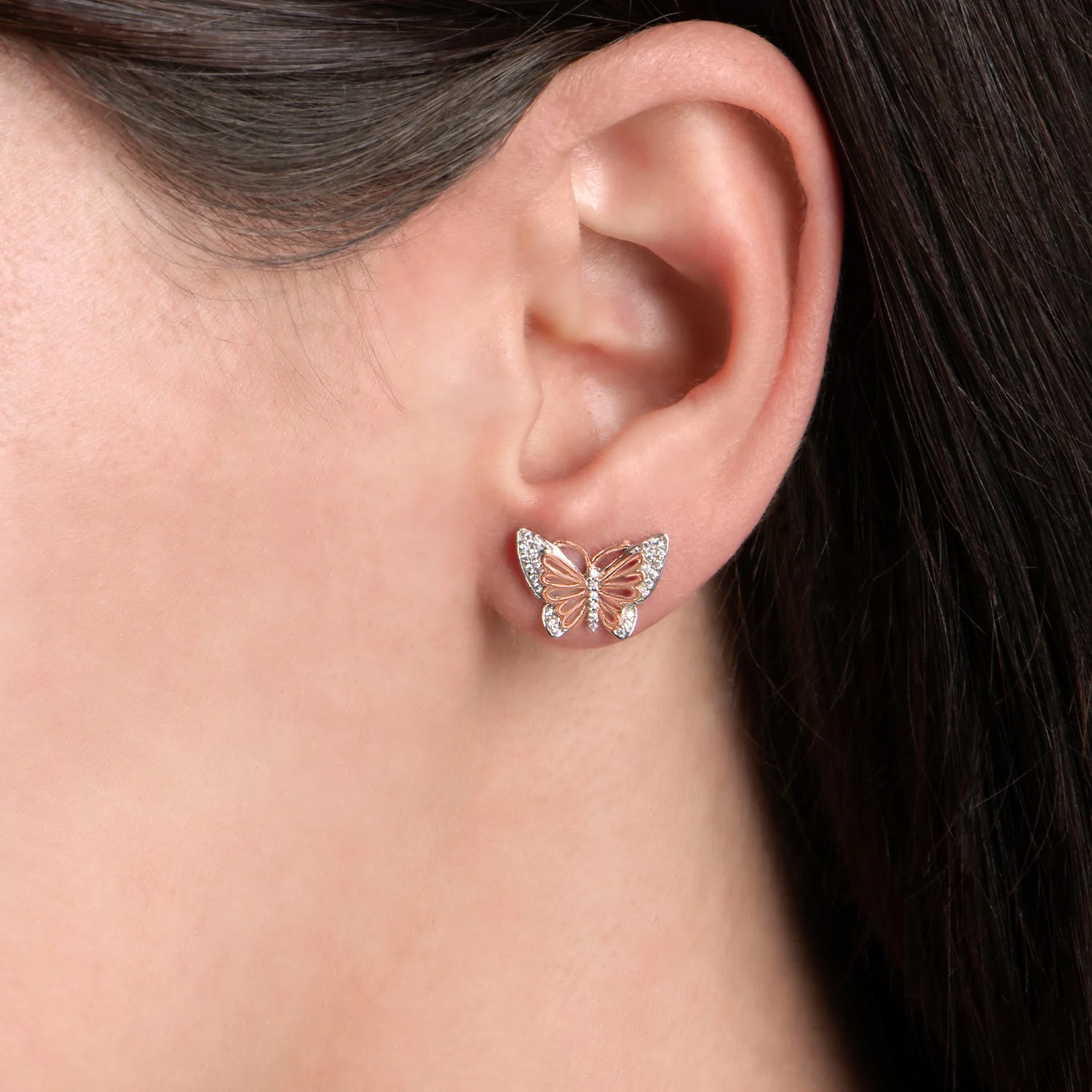Enchanted Disney Fine Jewelry Sterling Silver and 10K Rose Gold 1/10 CTTW Natural White Round Diamond Mulan Butterfly Earrings - Image 2