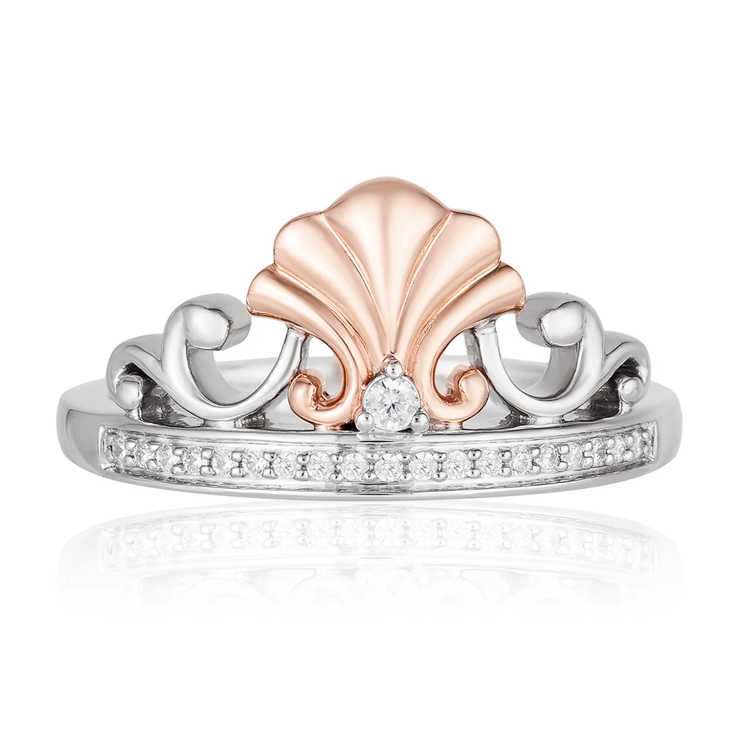 Enchanted Disney Fine Jewelry Sterling Silver and 10k Rose Gold 1/10 CTTW Ariel Shell Tiara Ring - Image 3