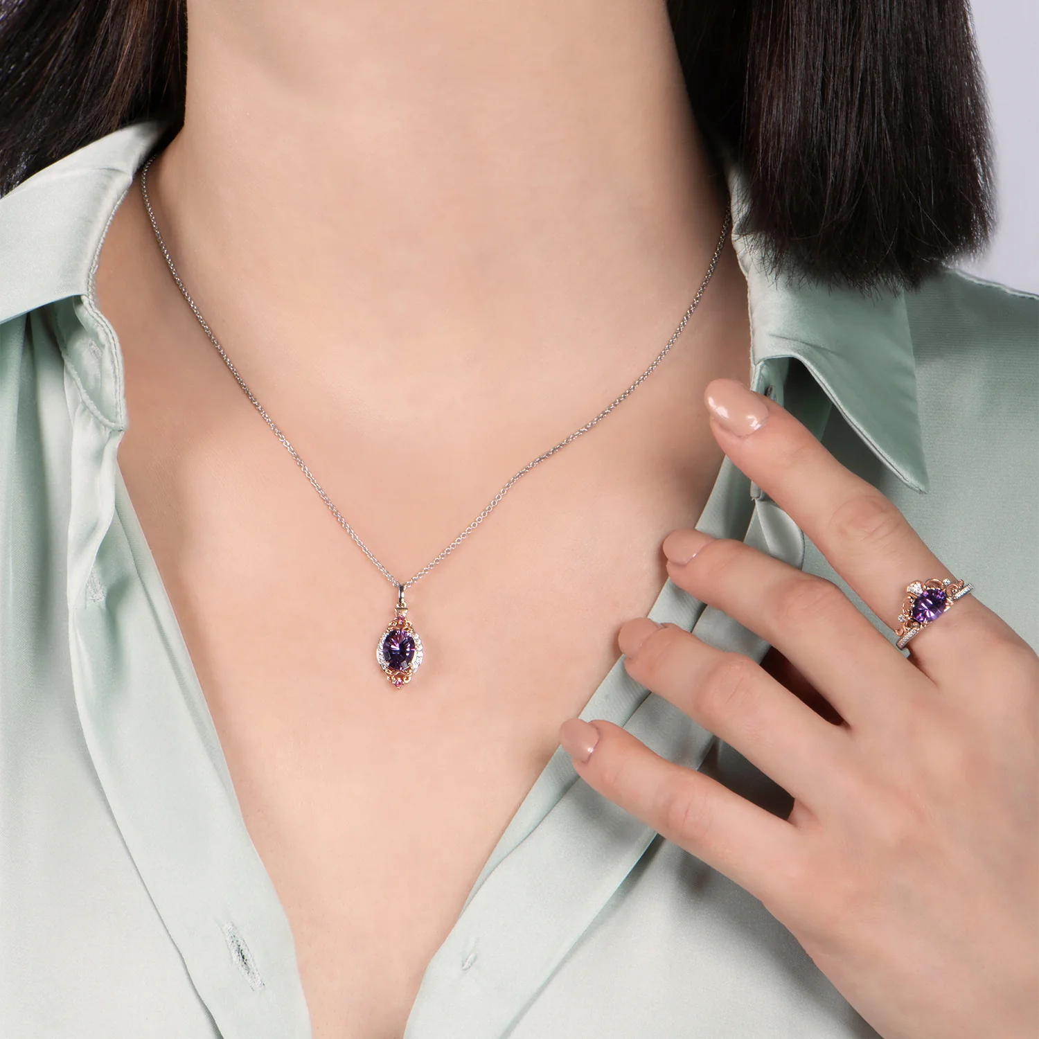 Enchanted Disney Fine Jewelry Sterling Silver and 10K Rose Gold Diamond Accent and Concave Amethyst Stepsisters Ring - Image 3