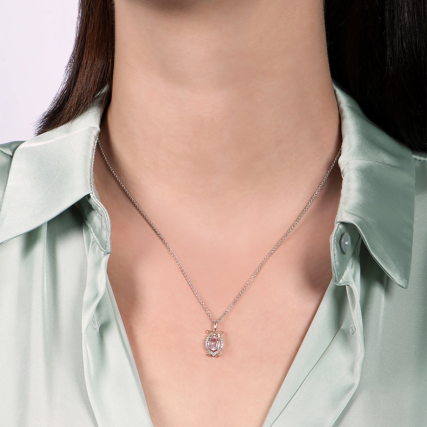 Enchanted Disney Fine Jewelry Sterling Silver and 10K Rose Gold with 1/10 CTTW Diamond and Pink Quartz Aurora Owl Pendant Necklace - Image 2