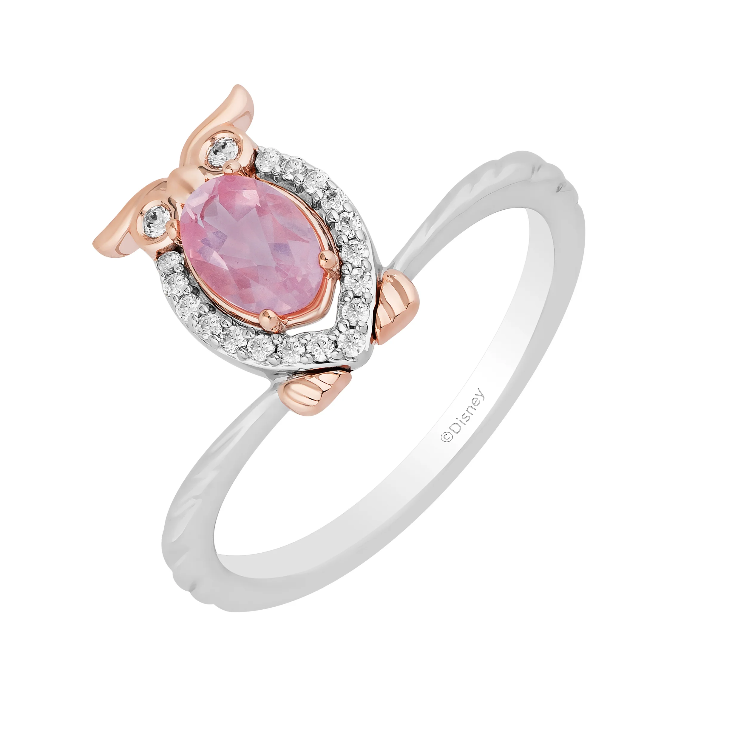 Enchanted Disney Fine Jewelry Sterling Silver and 10K Rose Gold with 1/10 CTTW Diamond and Pink Quartz Aurora Owl Ring