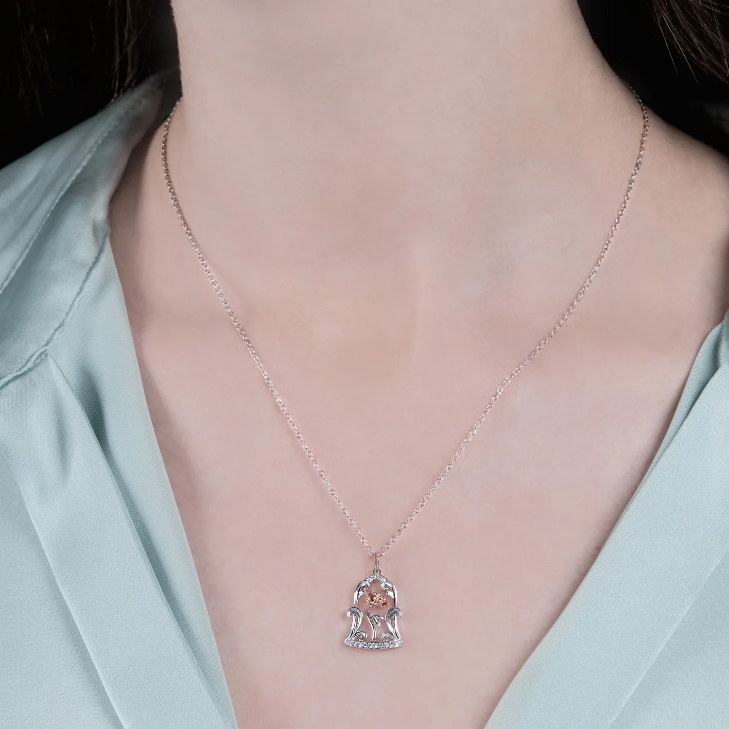 Enchanted Disney Fine Jewelry Sterling Silver and 10K Rose Gold with 1/10 CTTW Diamond Belle Jar Pendant Necklace - Image 2