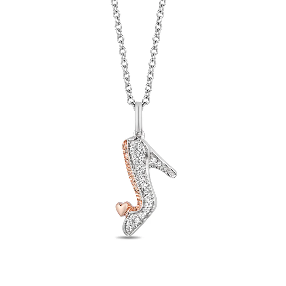 Enchanted Disney Fine Jewelry Sterling Silver and 10K Rose Gold with 1/10 CTTW Diamonds Cinderella Shoe Pendant Necklace