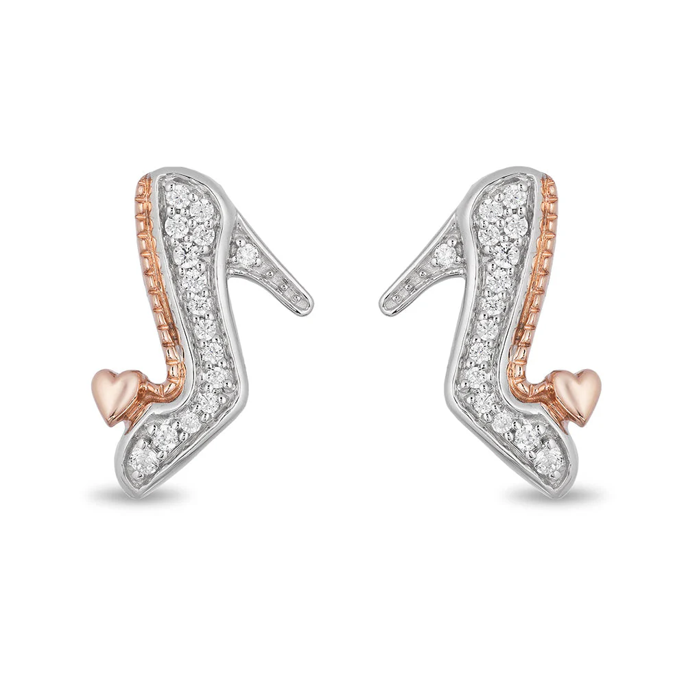 Enchanted Disney Fine Jewelry Sterling Silver and 10K Rose Gold with 1/10 CTTW Diamond Cinderella Slipper Earrings - Image 3