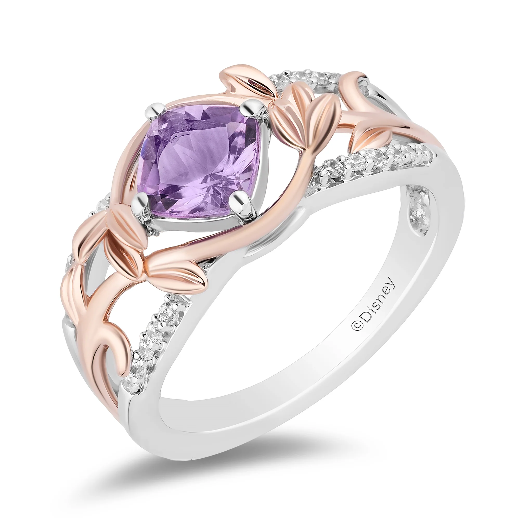 Enchanted Disney Fine Jewelry Sterling Silver and 10K Rose Gold with 1/10 CTTW Diamonds and Rose De France Rapunzel Ring