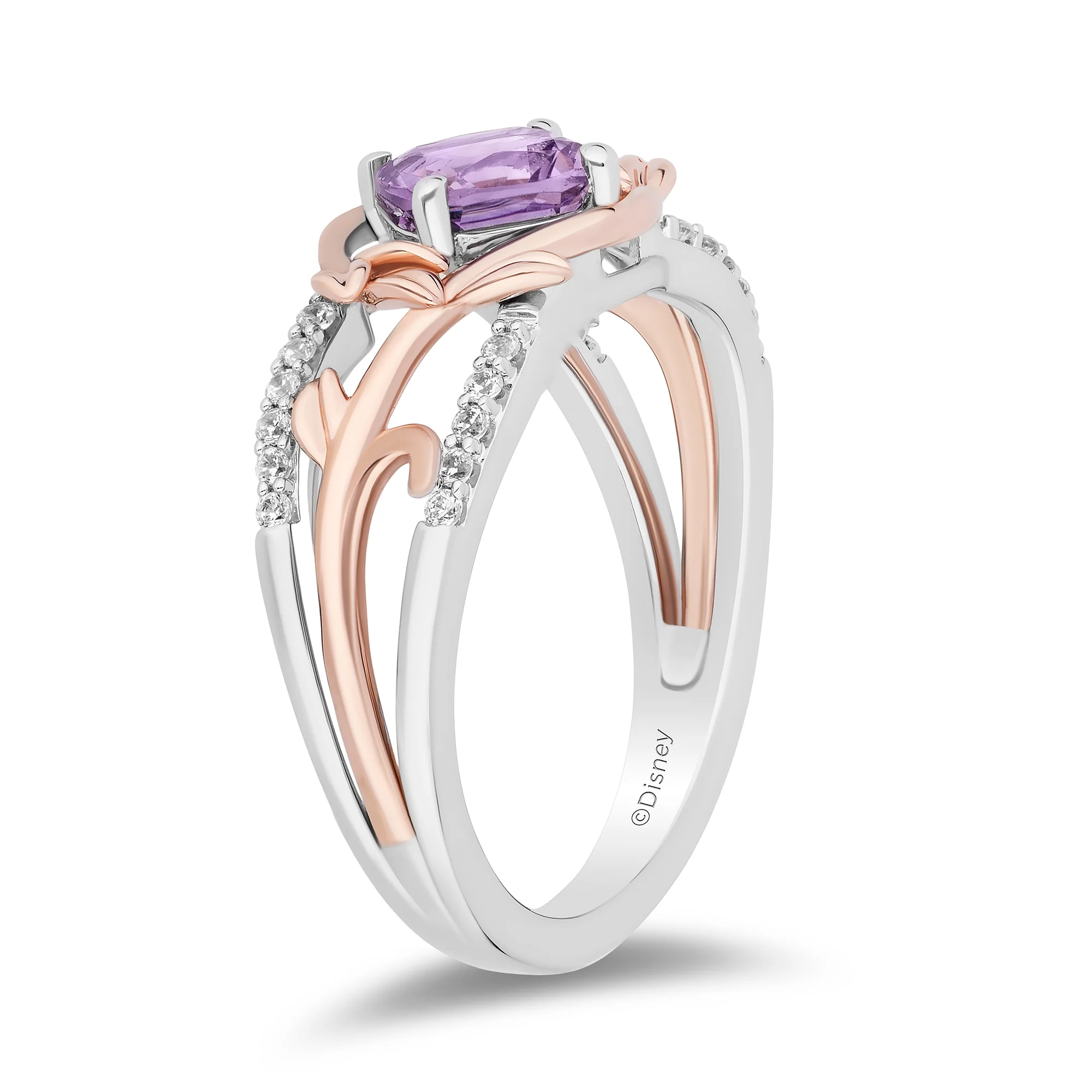 Enchanted Disney Fine Jewelry Sterling Silver and 10K Rose Gold with 1/10 CTTW Diamonds and Rose De France Rapunzel Ring - Image 4