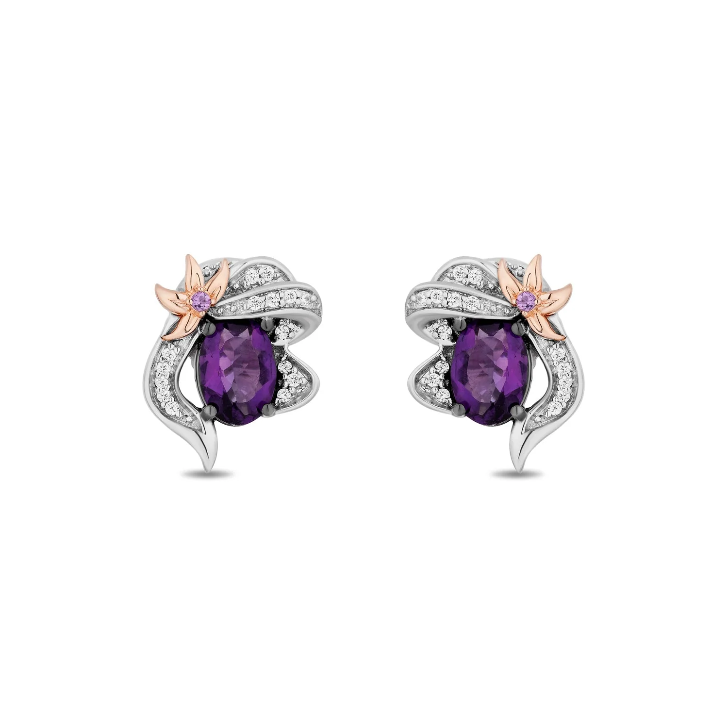 Enchanted Disney Fine Jewelry Sterling Silver and 10K Rose Gold with 1/10 CTTW White Diamond and Amethyst Ariel Stud Earrings - Image 2