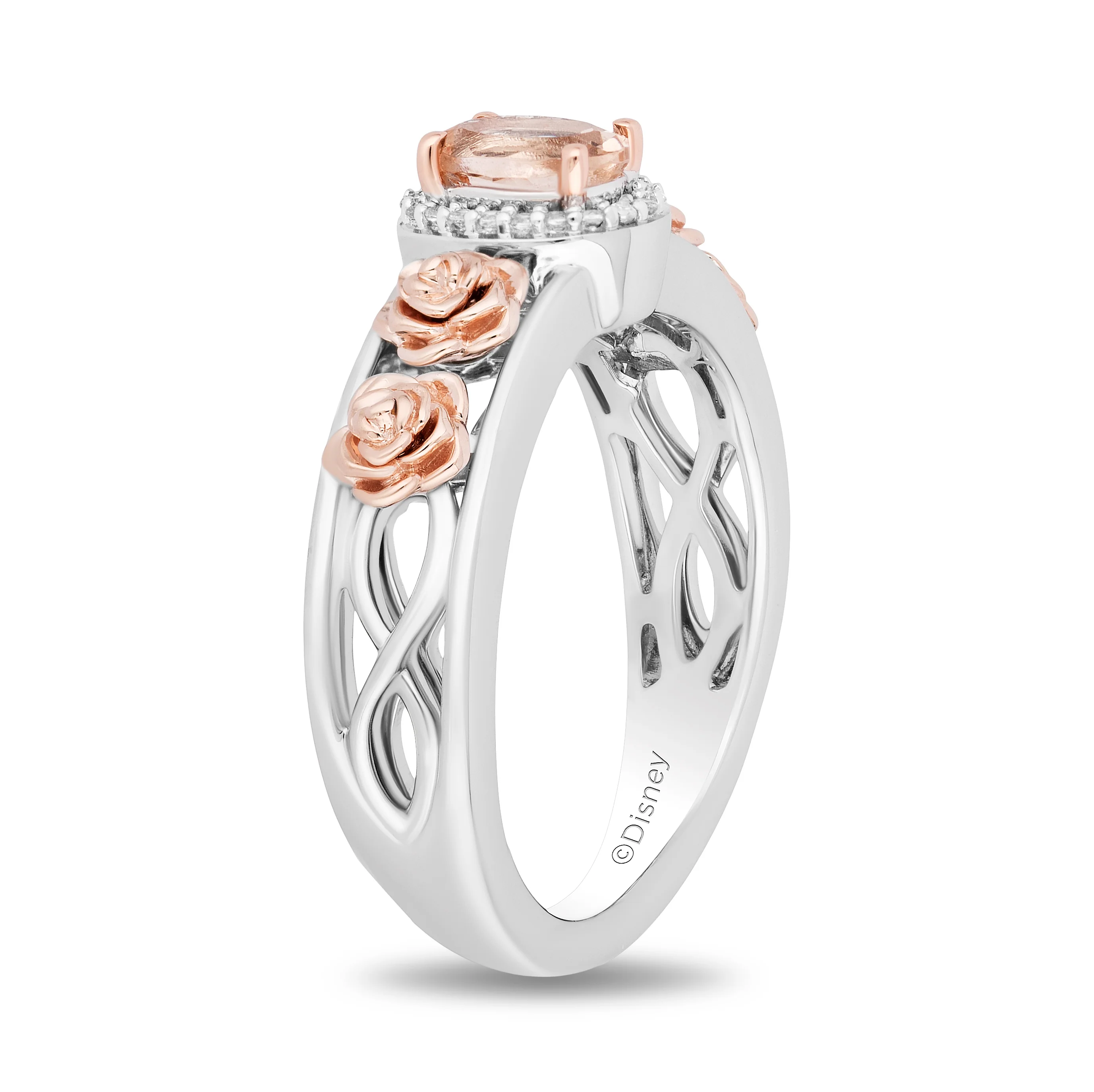 Enchanted Disney Fine Jewelry Sterling Silver and 10K Rose Gold with 1/20 CTTW Diamond and Morganite Aurora Halo Filigree Ring - Image 4
