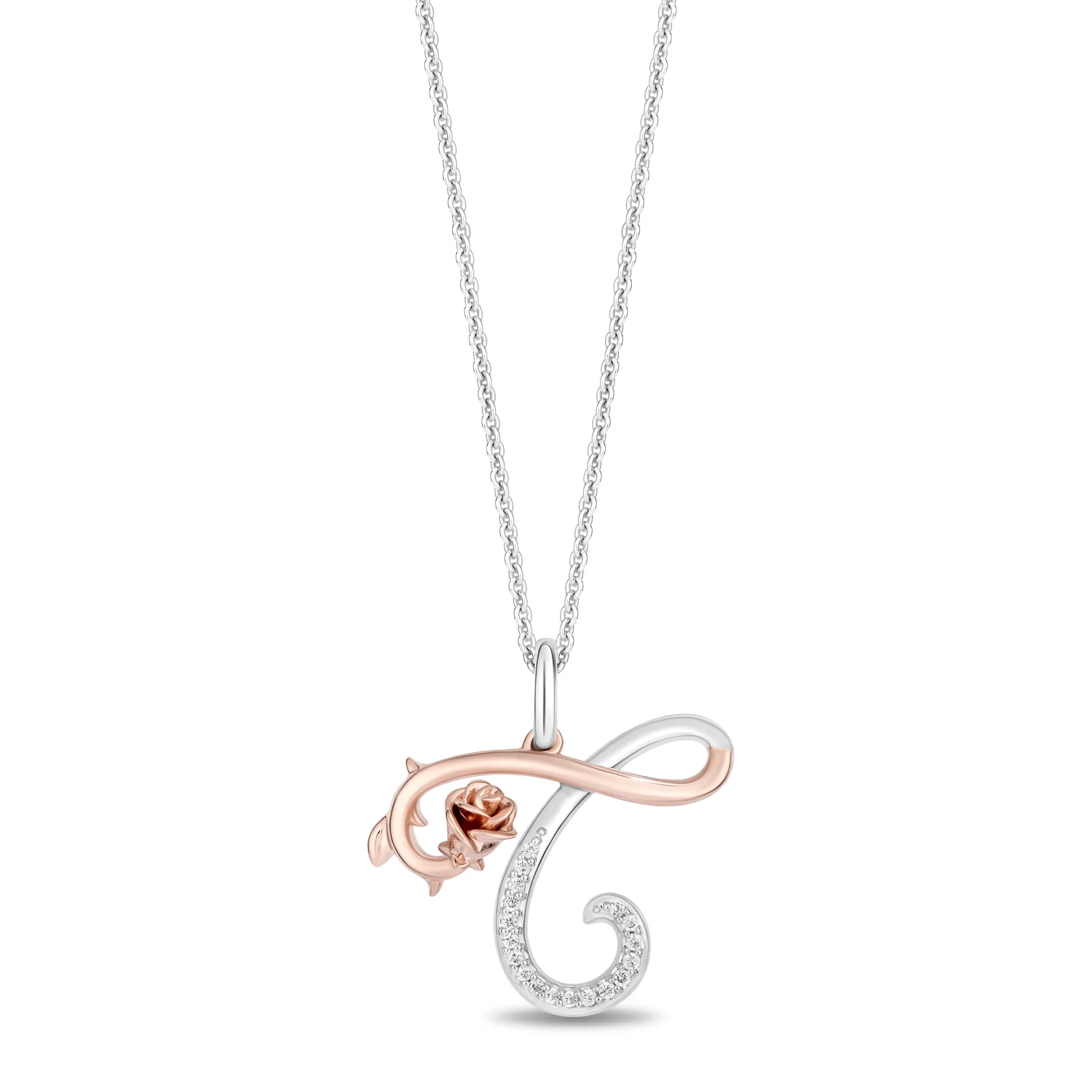 Enchanted Disney Fine Jewelry Sterling Silver and 10K Rose Gold with 1/20 CTTW Diamonds Alphabet 'C' Belle Pendant Necklace