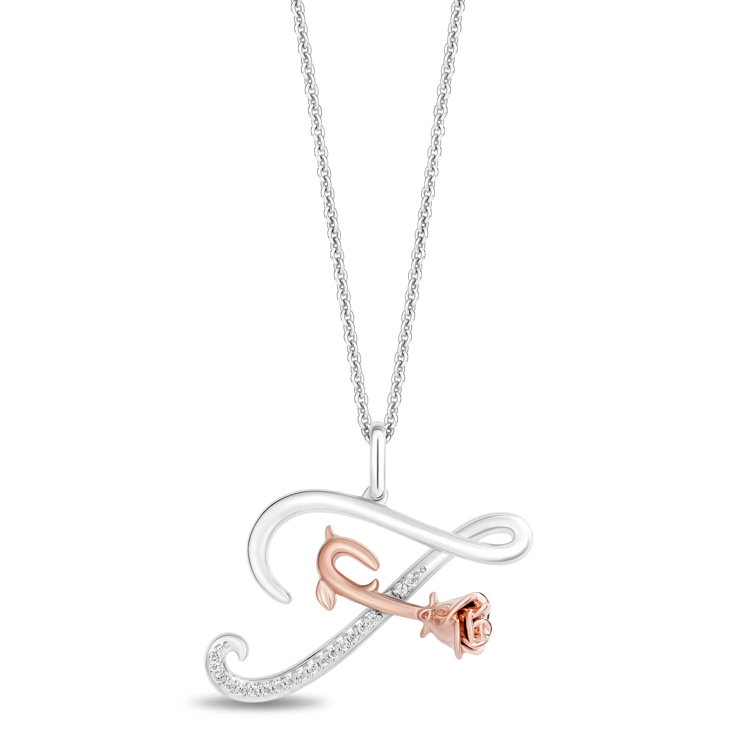 Enchanted Disney Fine Jewelry Sterling Silver and 10K Rose Gold with 1/20 CTTW Diamonds Alphabet 'F' Belle Pendant Necklace