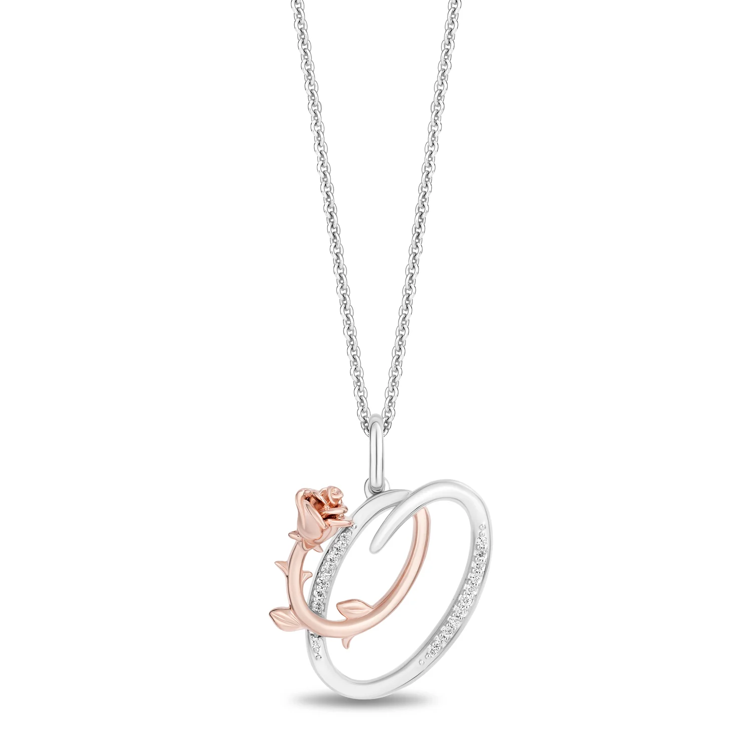 Enchanted Disney Fine Jewelry Sterling Silver and 10K Rose Gold with 1/20 CTTW Diamonds Alphabet 'O' Belle Pendant Necklace