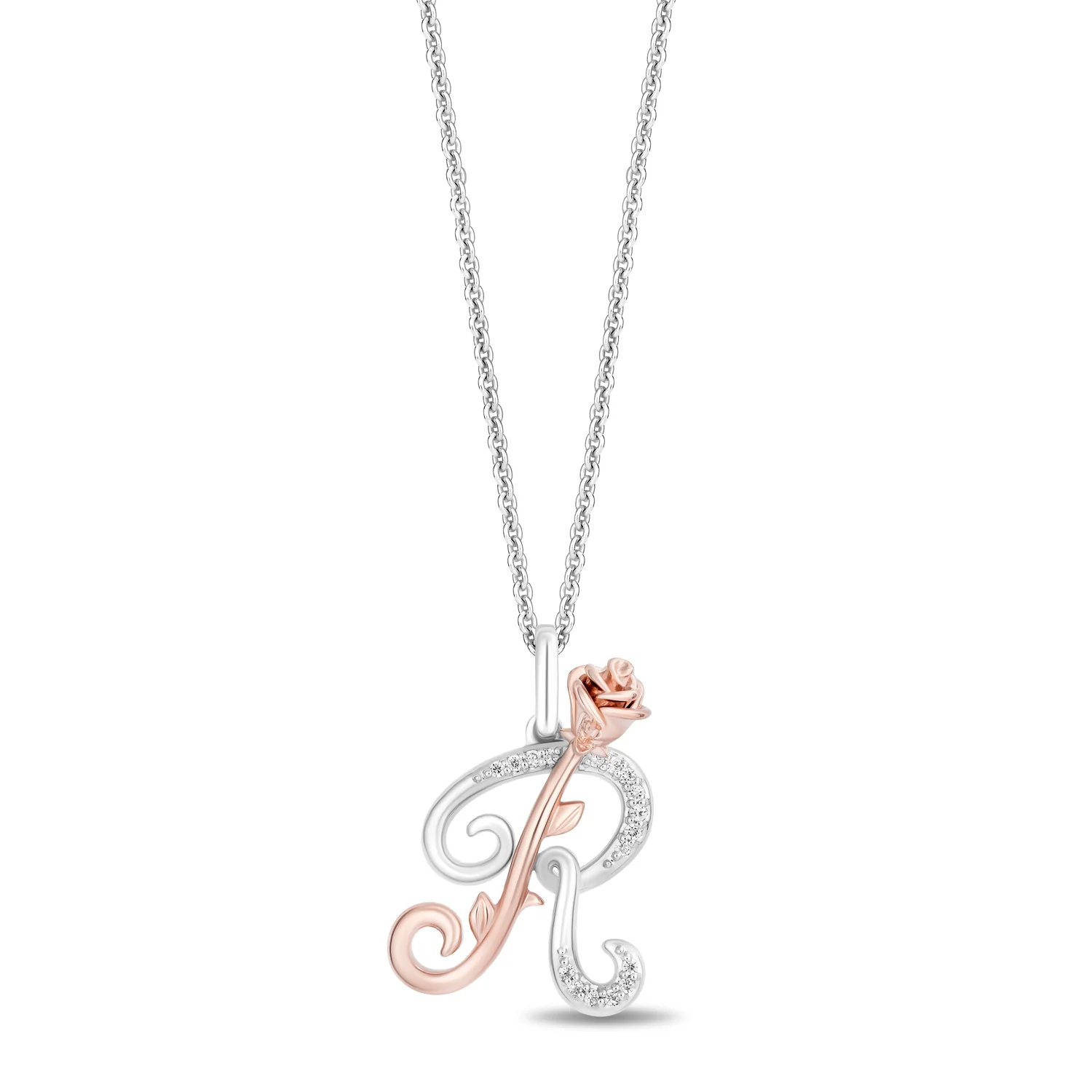 Enchanted Disney Fine Jewelry Sterling Silver and 10K Rose Gold with 1/20 CTTW Diamonds Alphabet 'R' Belle Pendant Necklace