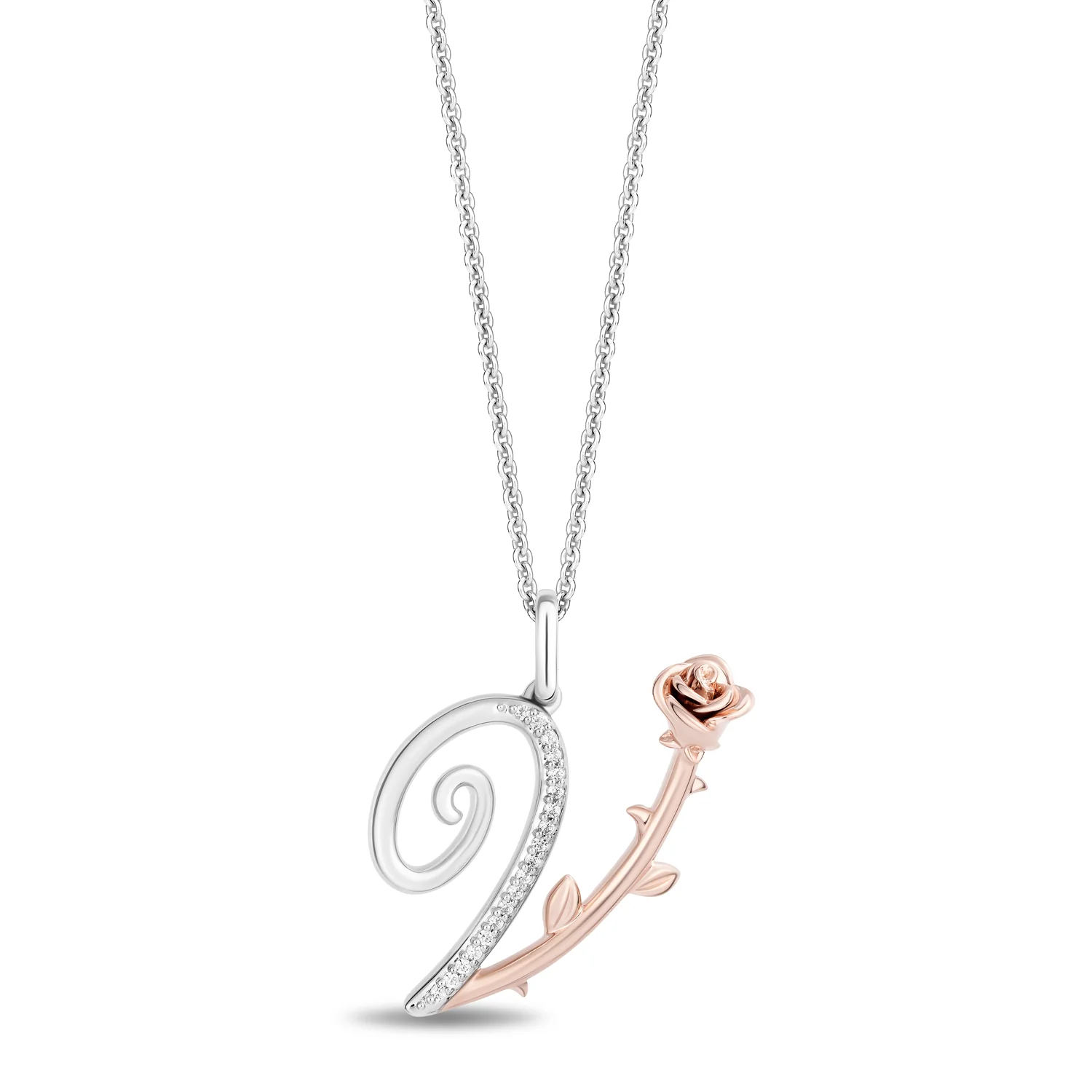 Enchanted Disney Fine Jewelry Sterling Silver and 10K Rose Gold with 1/20 CTTW Diamonds Alphabet 'V' Belle Pendant Necklace