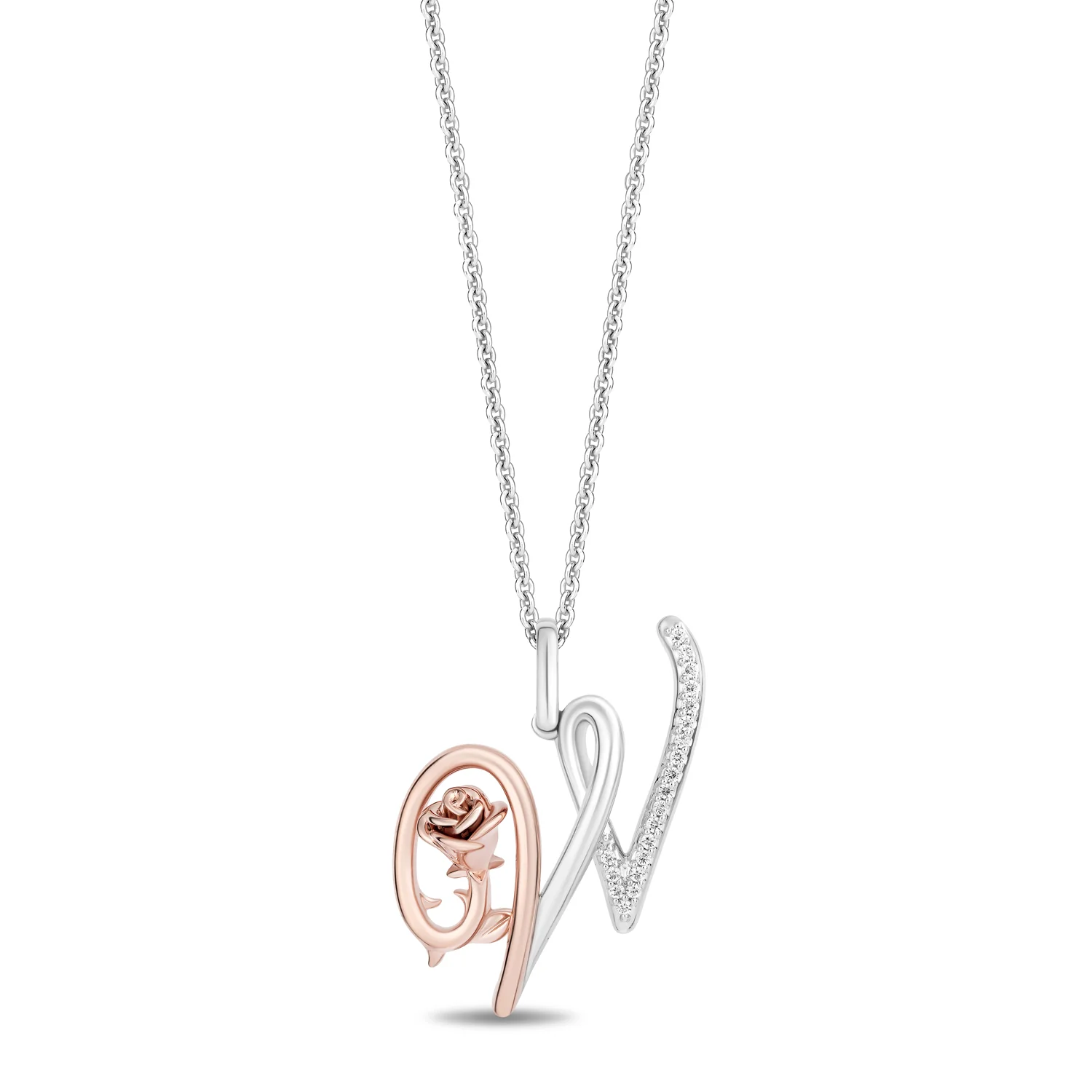 Enchanted Disney Fine Jewelry Sterling Silver and 10K Rose Gold with 1/20 CTTW Diamonds Alphabet 'W' Belle Pendant Necklace