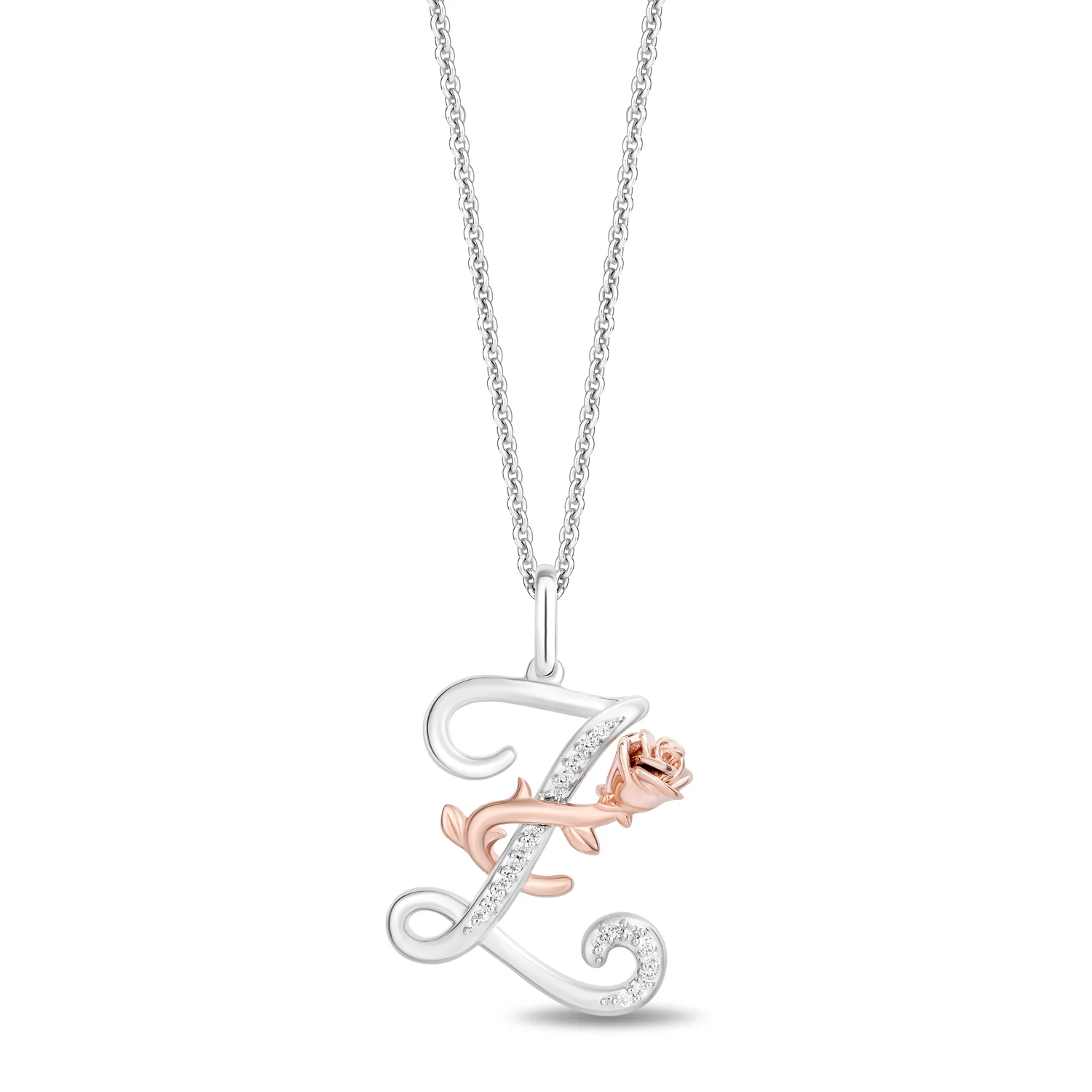 Enchanted Disney Fine Jewelry Sterling Silver and 10K Rose Gold with 1/20 CTTW Diamonds Alphabet 'Z' Belle Pendant Necklace