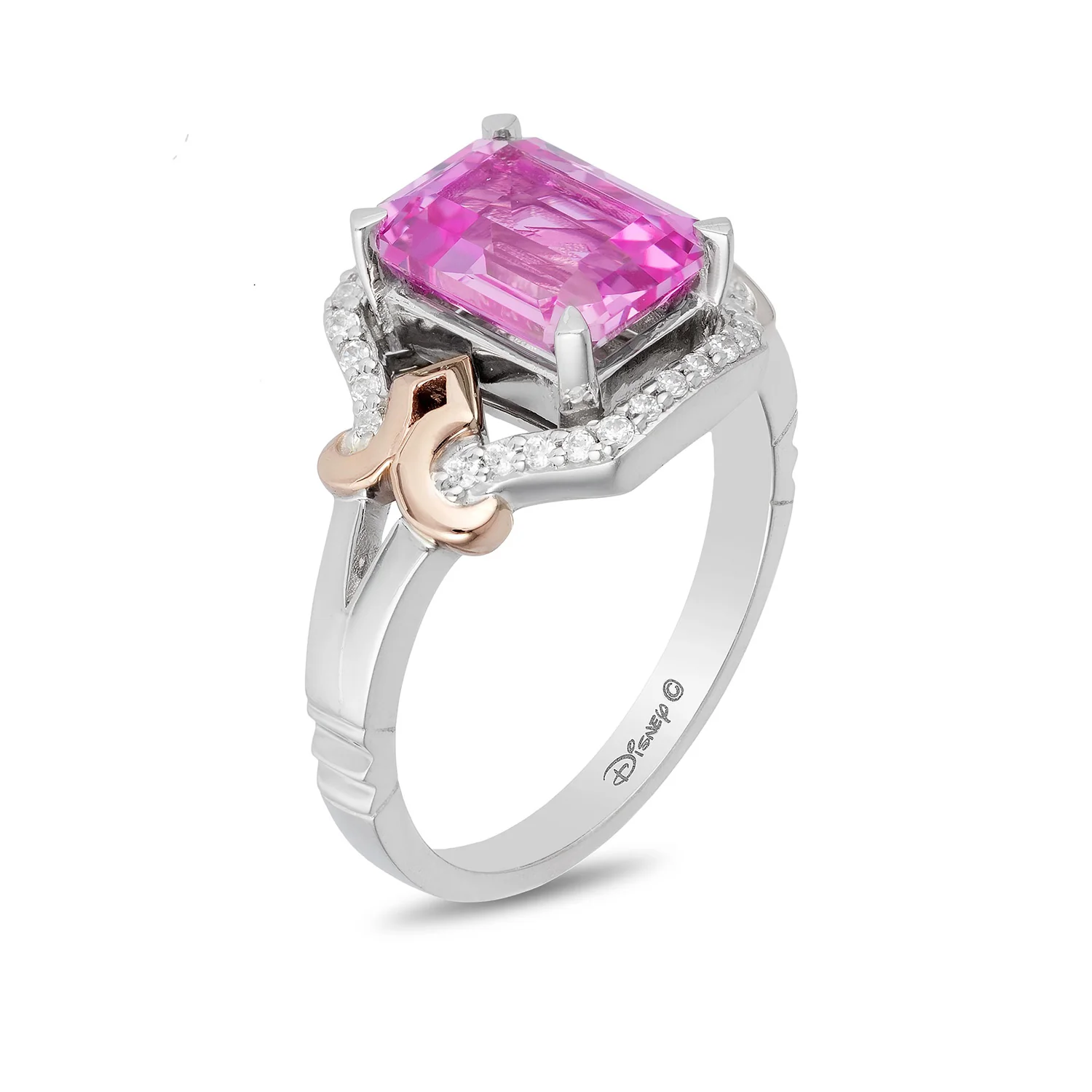Enchanted Disney Fine Jewelry Sterling Silver and 10K Rose Gold with 1/6 CTTW and Created Pink Sapphire Aurora Ring - Image 4