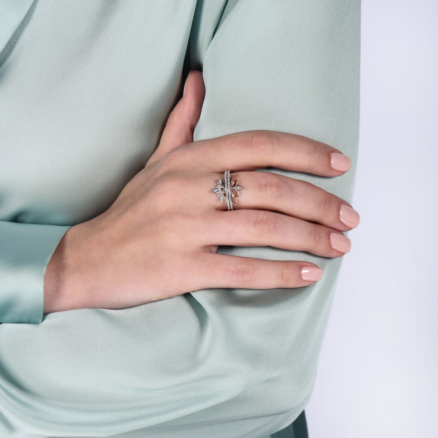 Enchanted Disney Fine Jewelry Sterling Silver and 10K Rose Gold With 1/6 CTTW Diamond Elsa and Anna Duo Stack Ring - Image 2