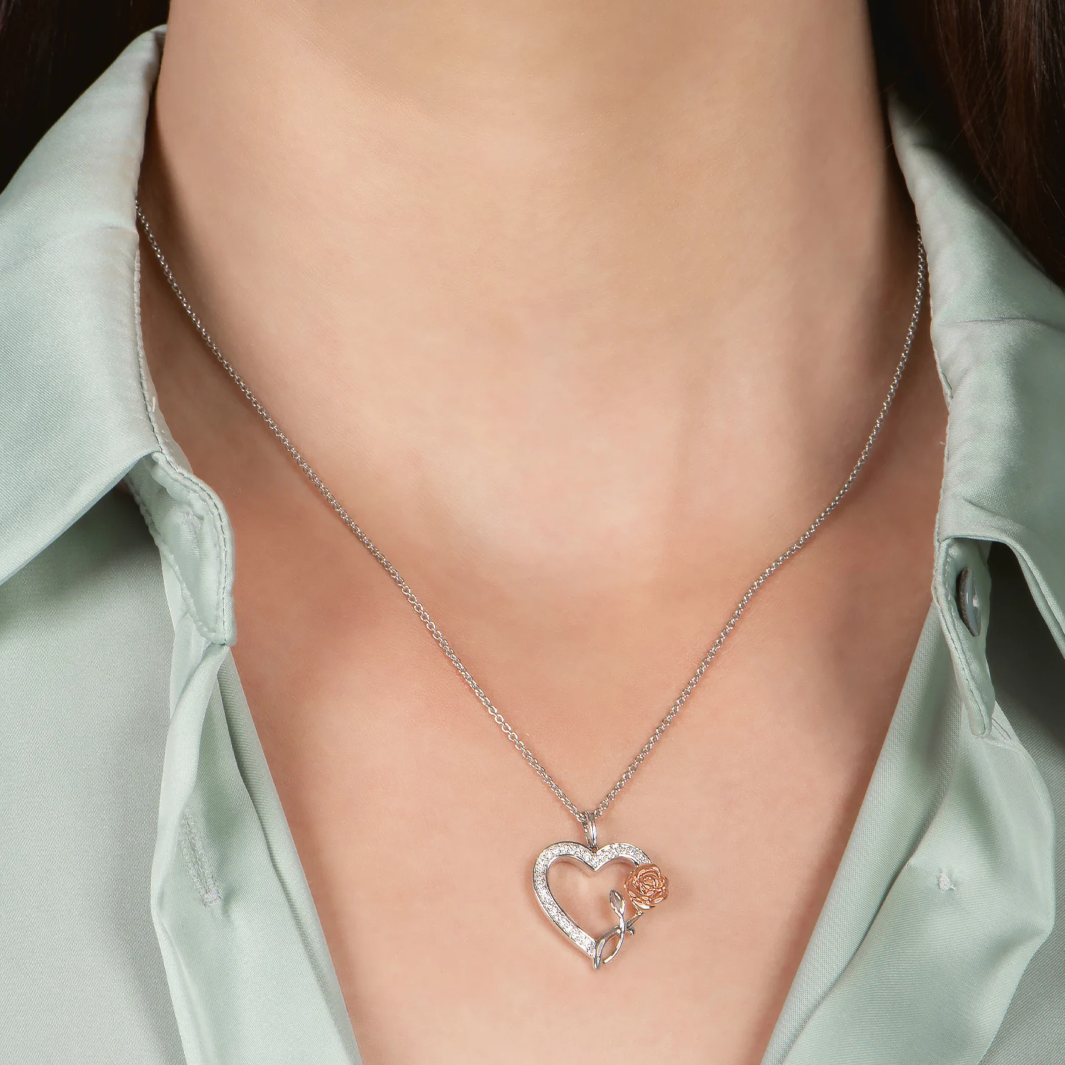 Enchanted Disney Fine Jewelry Sterling Silver and 10K Rose Gold with 1/6 CTTW Diamonds Belle Rose with Heart Pendant Necklace - Image 2