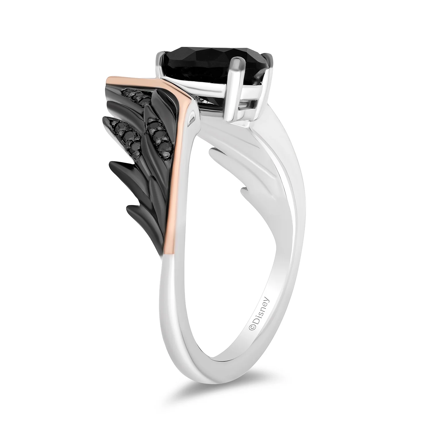 Enchanted Disney Fine Jewelry Sterling Silver and 10K Rose Gold with 1/8 CTTW Diamonds and Black Onyx Maleficent Wings Ring - Image 3
