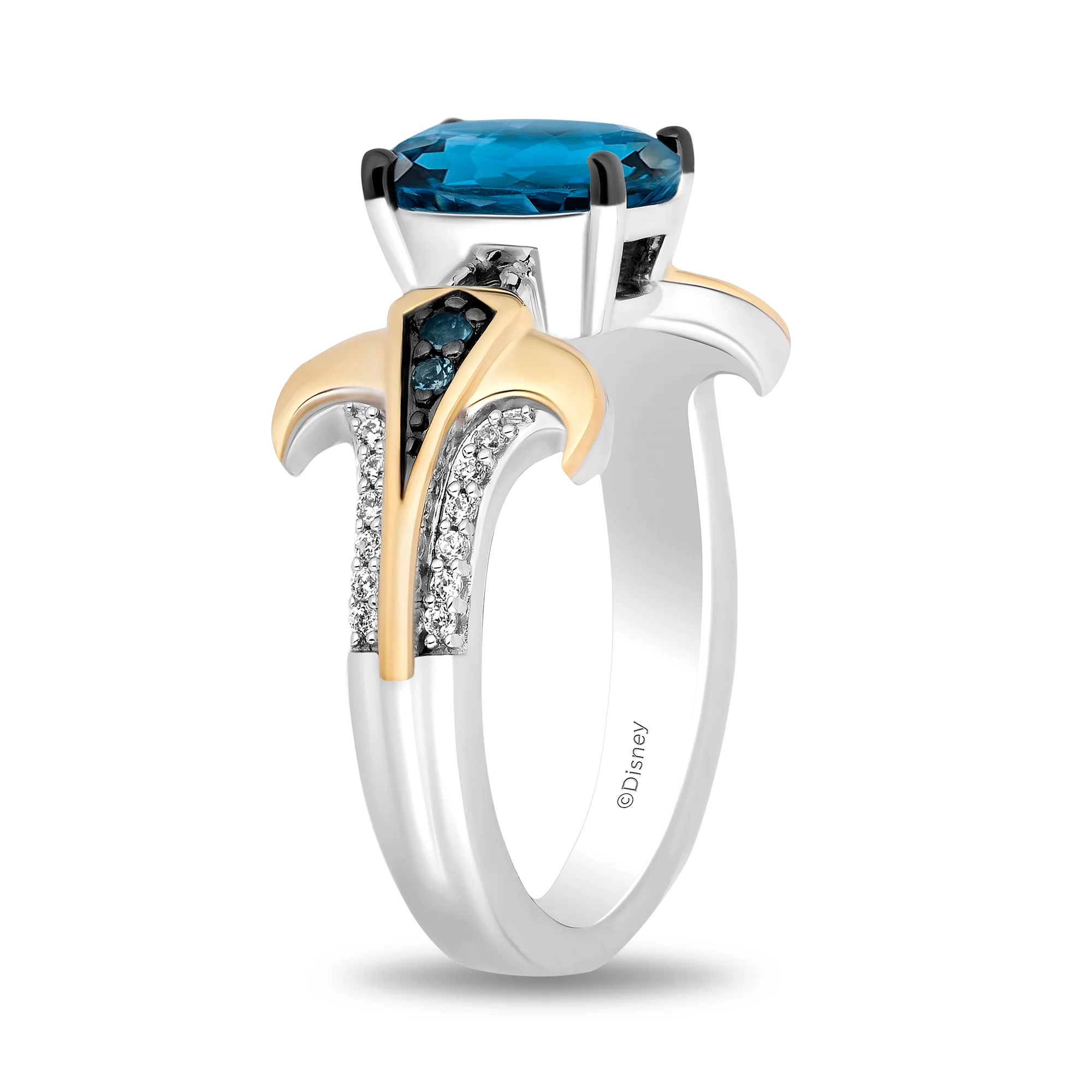 Enchanted Disney Fine Jewelry Sterling Silver and 10K Yellow Gold 1/10 CTTW Diamond and London Blue Topaz Moana Ring - Image 3