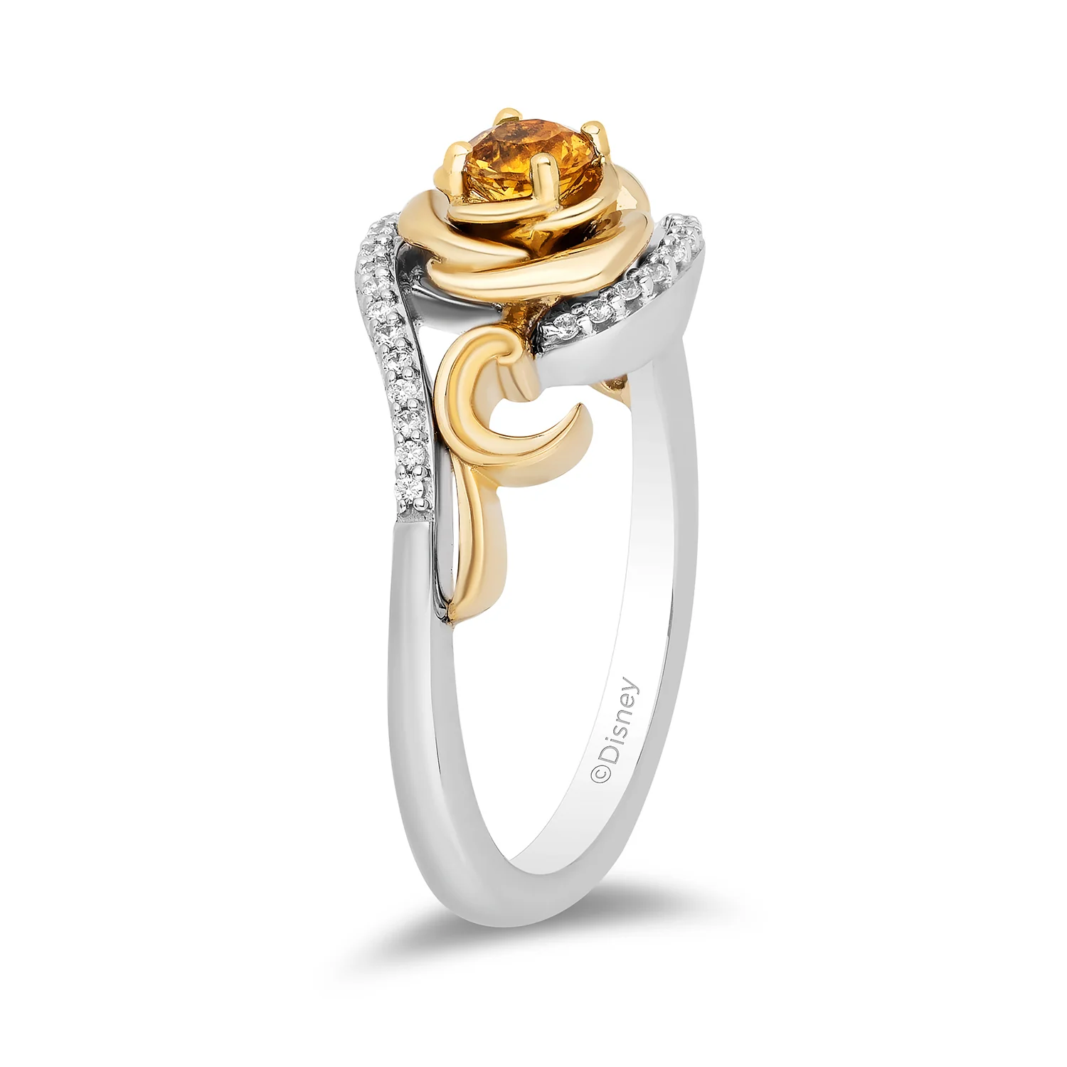 Enchanted Disney Fine Jewelry Sterling Silver and 10K Yellow Gold with 1/10 CTTW Diamond and Yellow Citrine Belle Rose Ring - Image 5