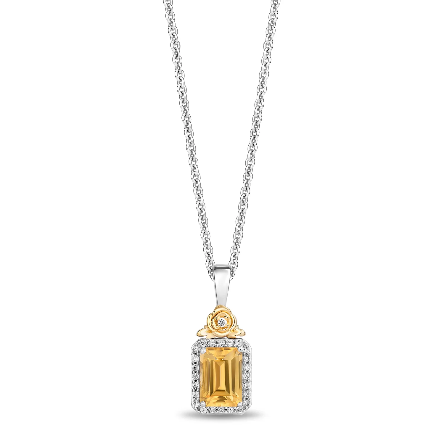 Enchanted Disney Fine Jewelry Sterling Silver and 10K Yellow Gold with 1/10 CTTW Diamonds and Citrine Belle Pendant Necklace