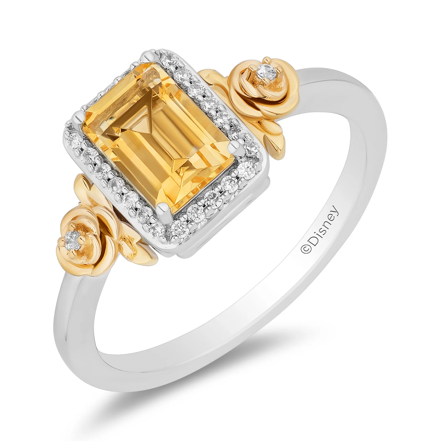 Enchanted Disney Fine Jewelry Sterling Silver and 10K Yellow Gold with 1/10 CTTW Diamonds and Citrine Belle Ring