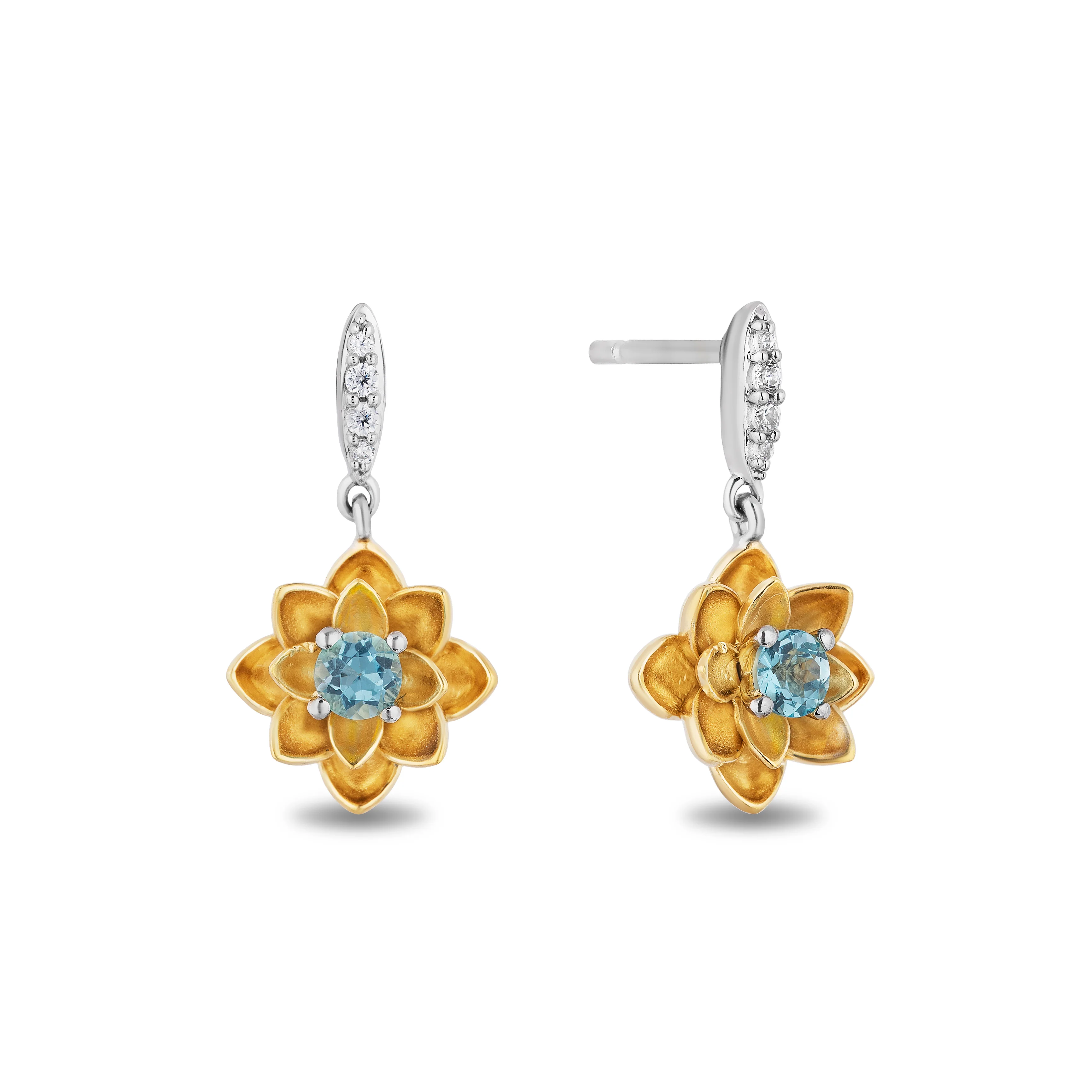 Zale - Enchanted Disney Fine Jewelry 14K Yellow Gold over Sterling Silver with 1/20 CTTW Diamonds and Swiss Blue Topaz Jasmine Earrings