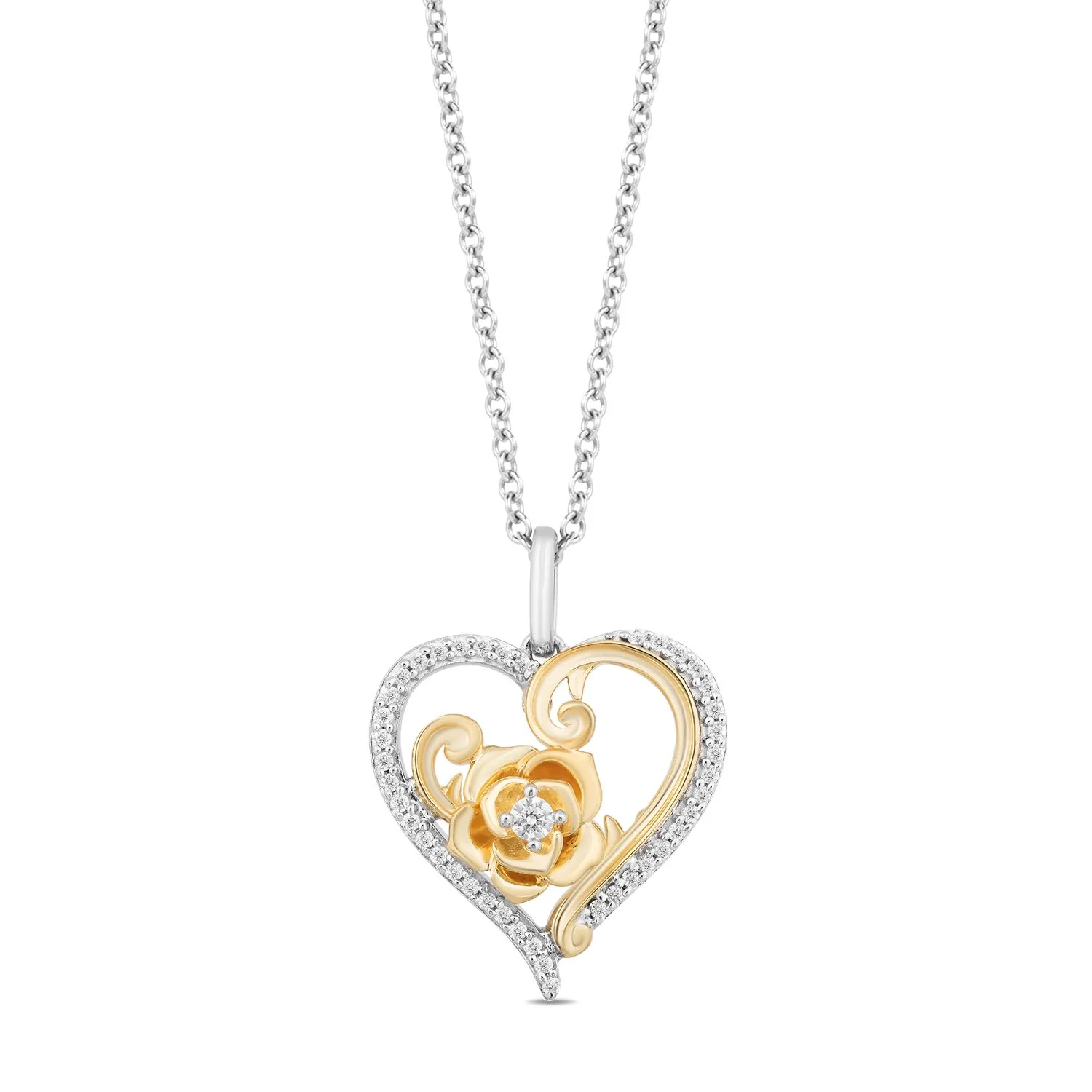 Enchanted Disney Fine Jewelry Sterling Silver and 10K Yellow Gold with 1/5 CTTW Diamonds, Disney's Belle Pendant Necklace