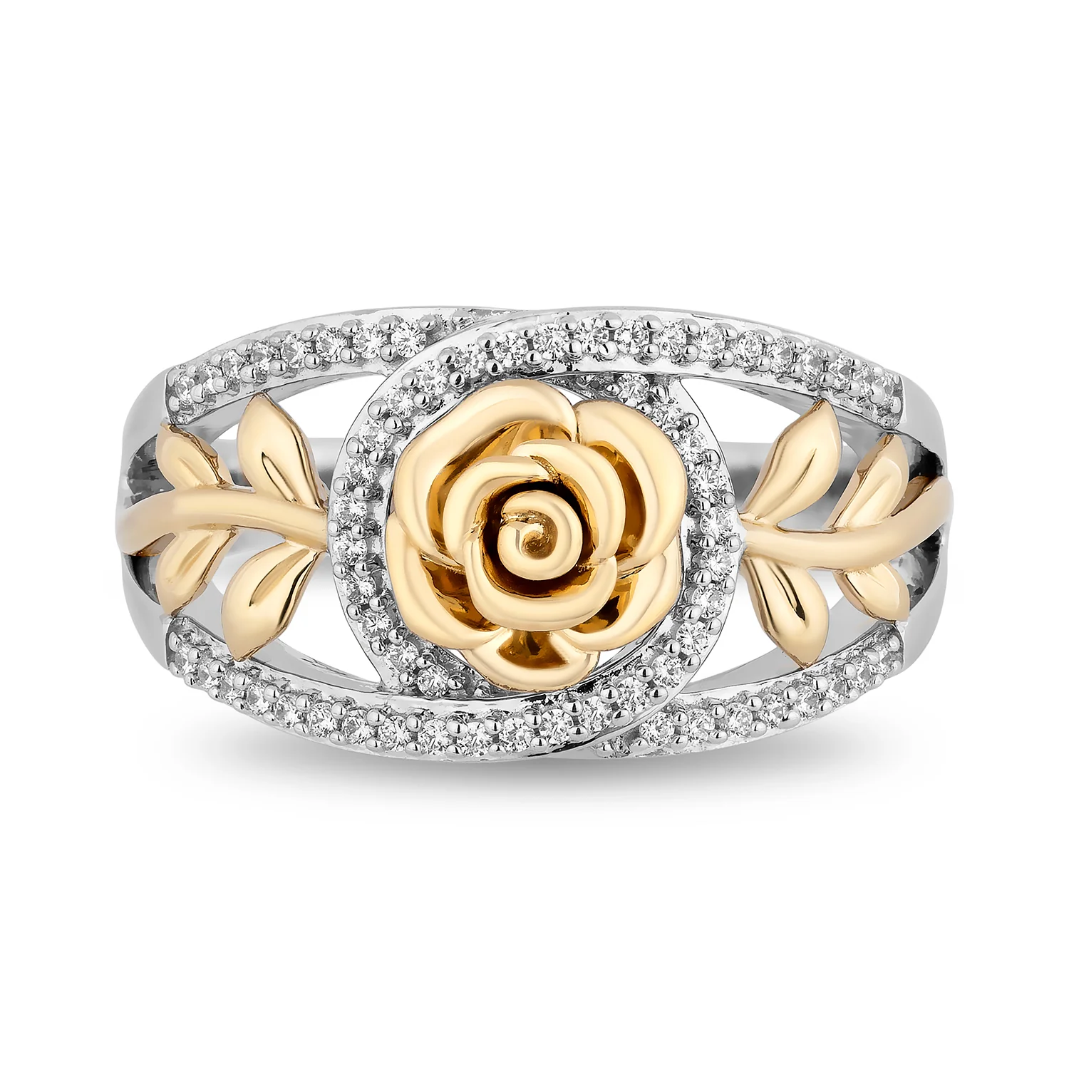 Enchanted Disney Fine Jewelry Sterling Silver and 10K Yellow Gold with 1/5 CTTW Diamond Belle Rose Ring - Image 3