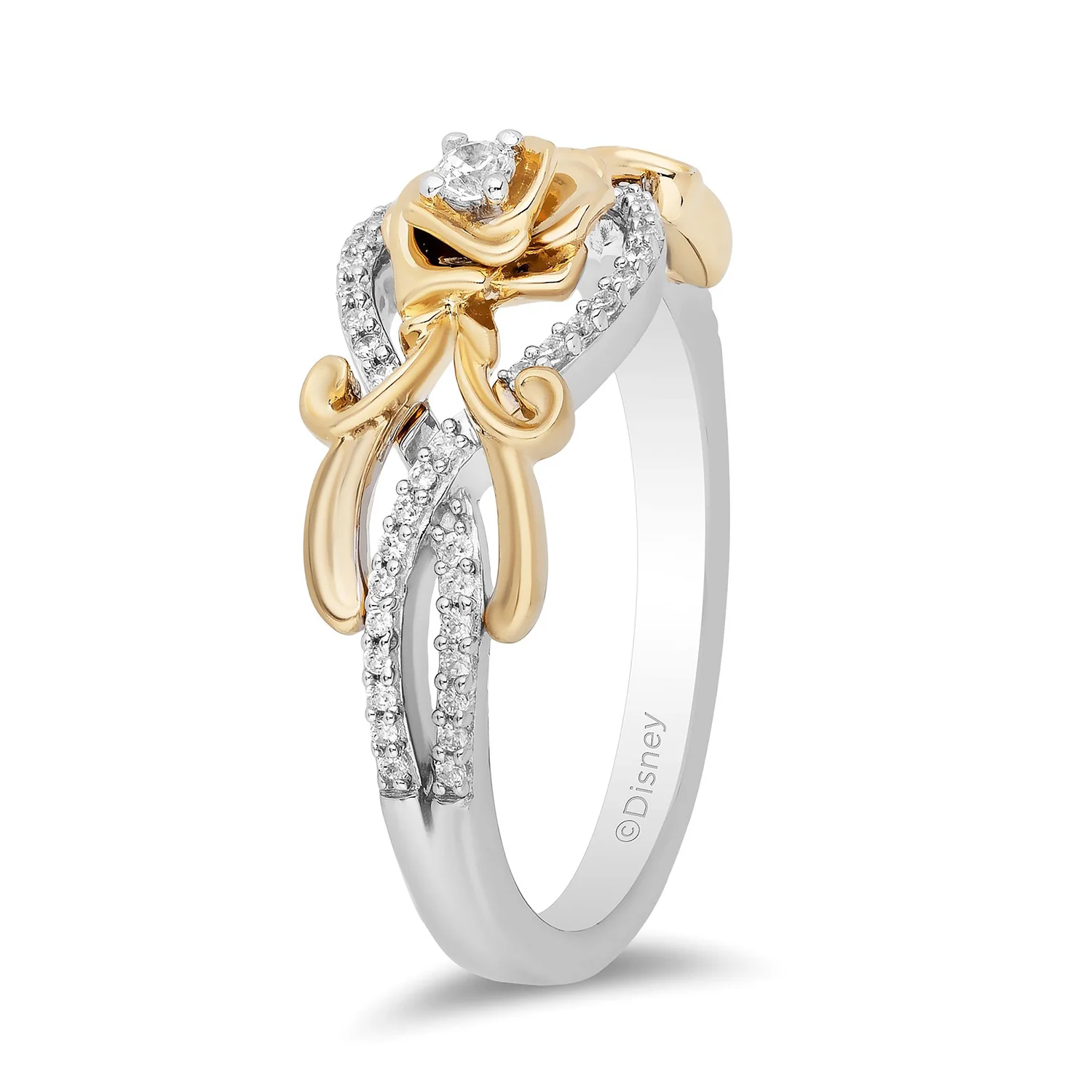 Enchanted Disney Fine Jewelry Sterling Silver and 10K Yellow Gold with 1/5 CTTW Diamond Belle Rose Ring - Image 5