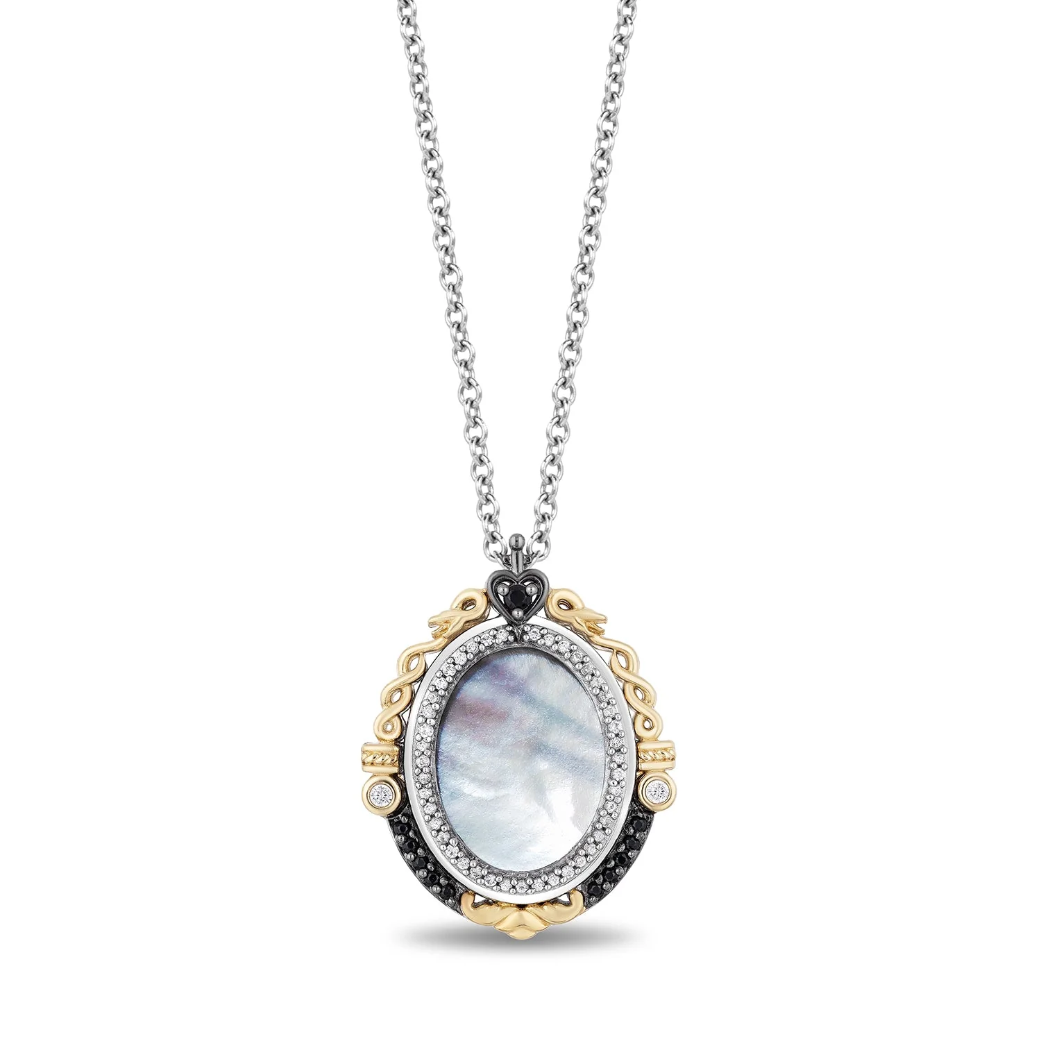 Enchanted Disney Fine Jewelry Sterling Silver and 10k Yellow Gold with 1/6 CTTW Diamond and Mother of Pearl Snow White Mirror Pendant Necklace
