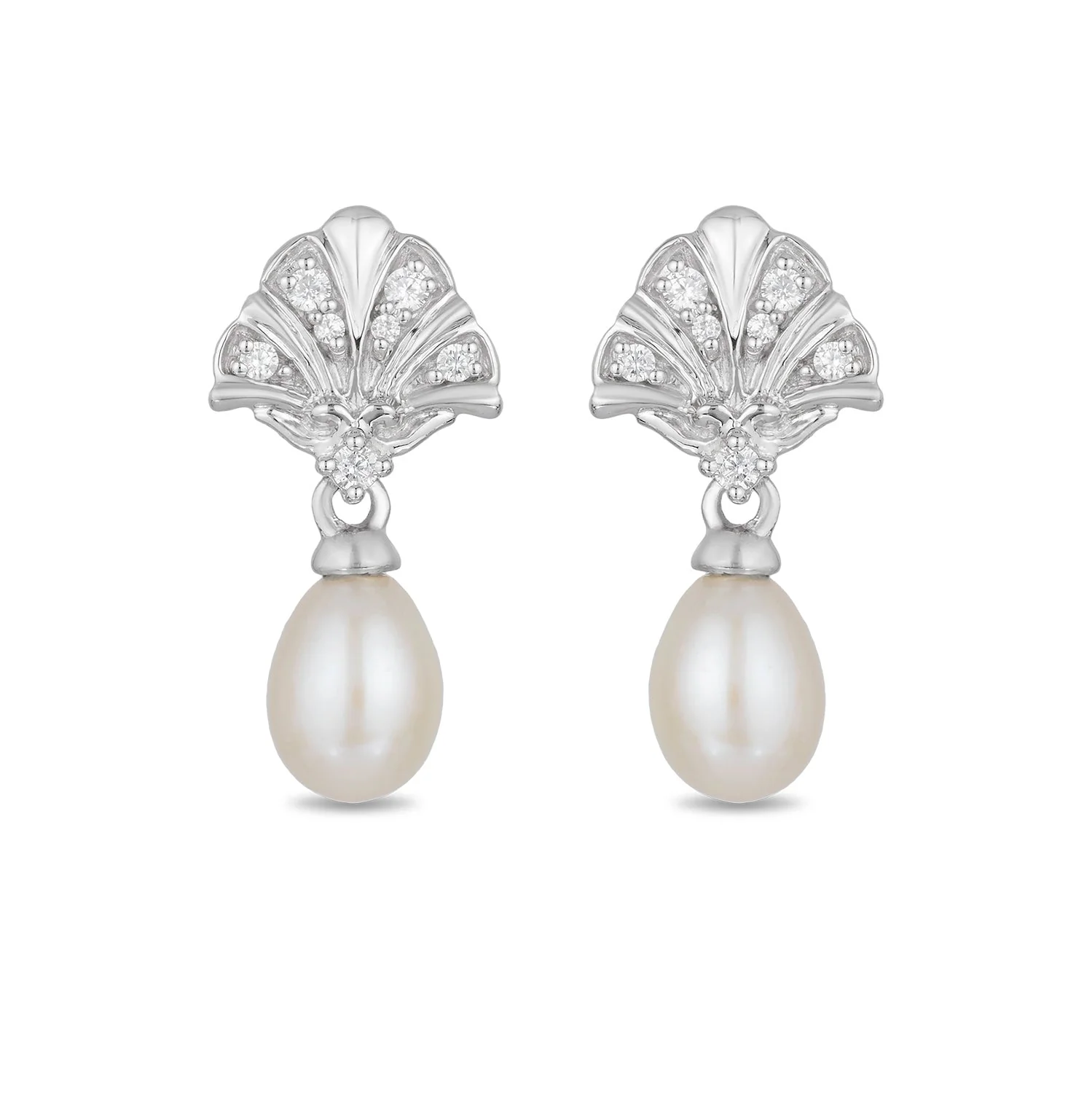 Enchanted Disney Fine Jewelry Sterling Silver with 1/10 CTTW Diamond and White Pearl Ariel Shell Fashion Earrings - Image 4