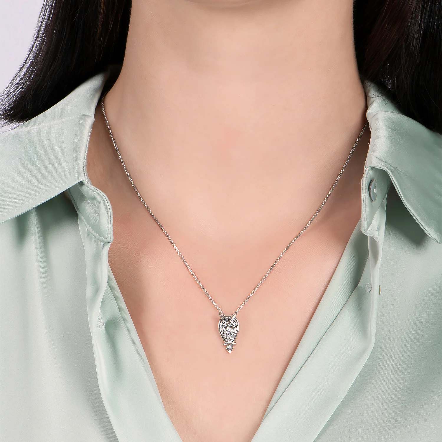 Enchanted Disney Fine Jewelry Sterling Silver with 1/10 CTTW Diamond Aurora Owl Pendant Necklace - Image 2