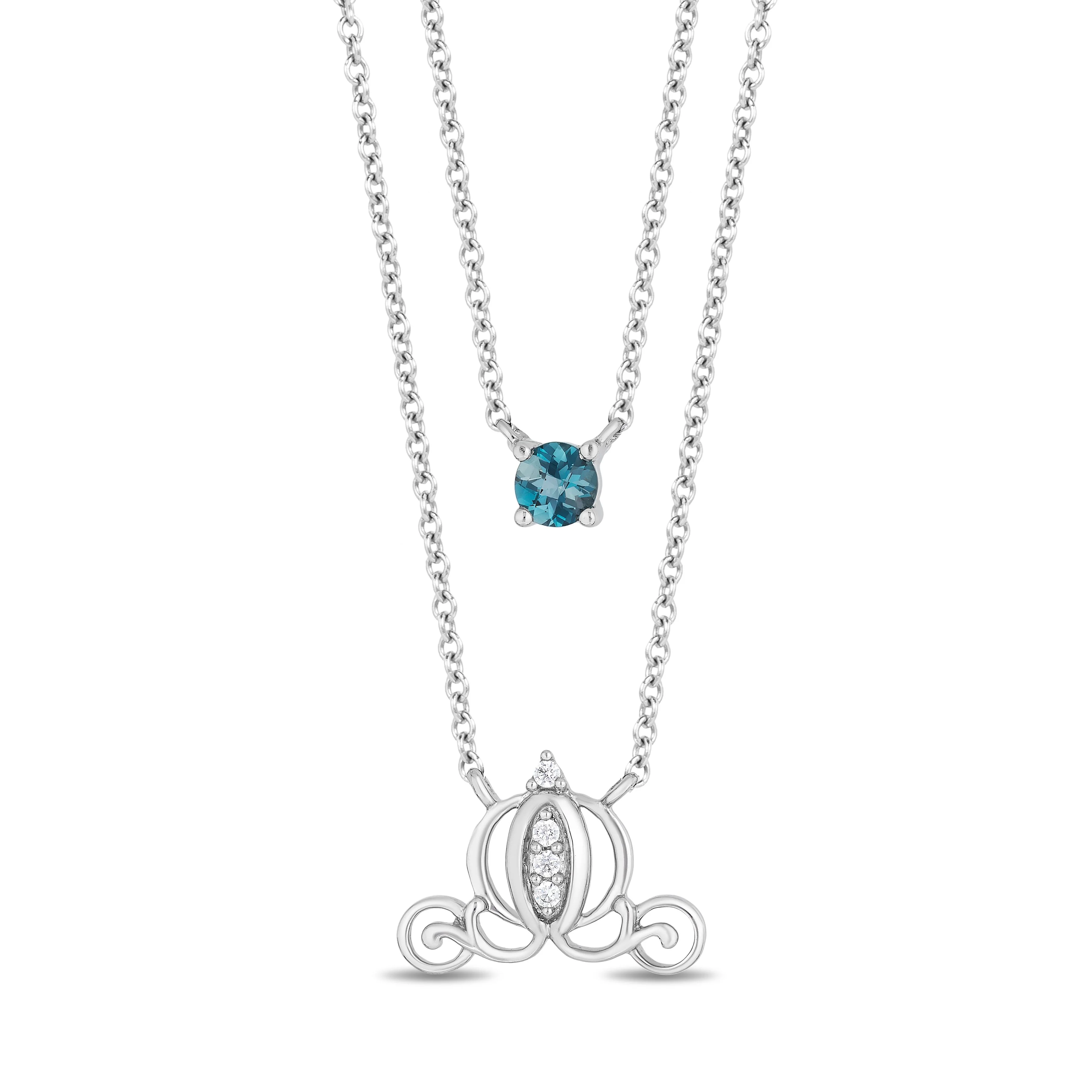 Enchanted Disney Fine Jewelry Sterling Silver with 1/20 CTTW Diamond and London Blue Topaz Cinderella Carriage Pendant Necklace