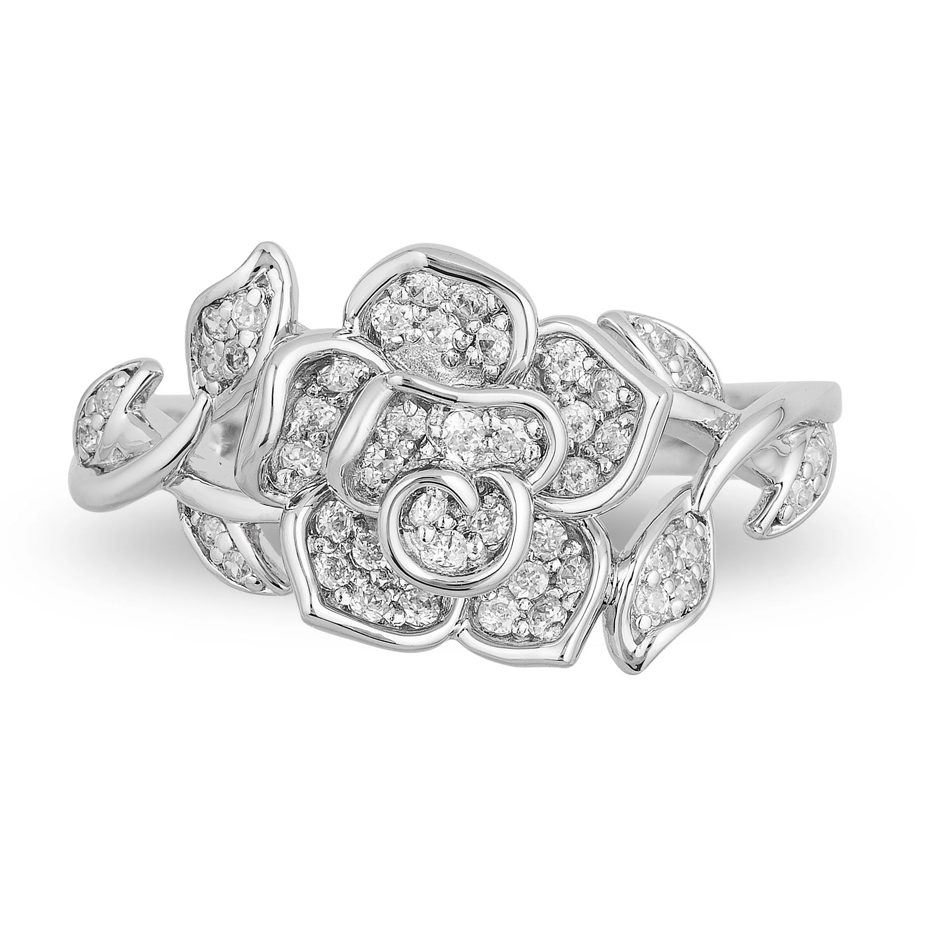 Enchanted Disney Fine Jewelry Sterling Silver with 1/4 CTTW Diamond Belle Rose Ring - Image 3