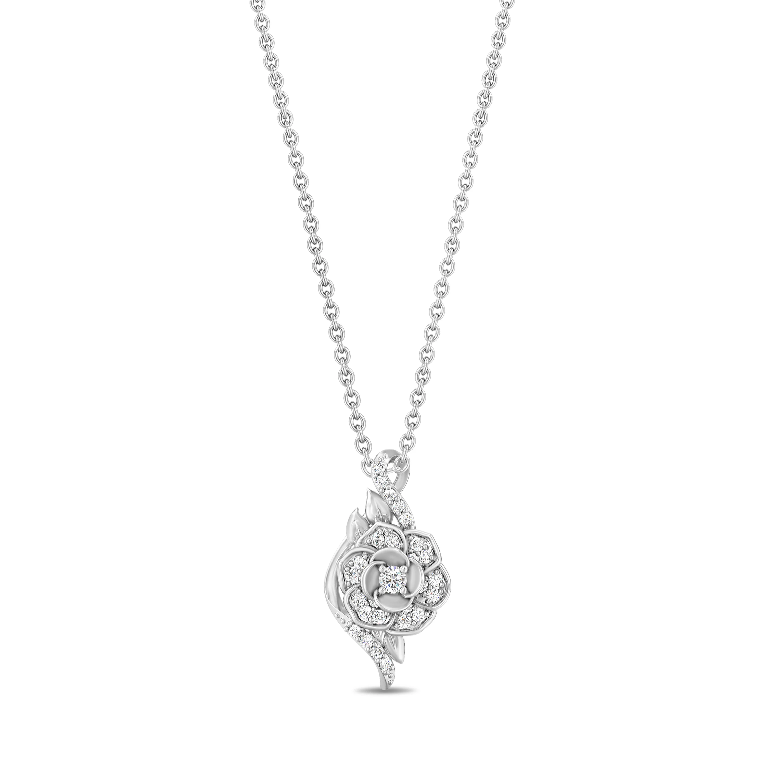 Enchanted Disney Fine Jewelry Sterling Silver with 1/5 CT.TW. Lab Grown Diamond Cinderella Gardenia Flower Pendant Necklace
