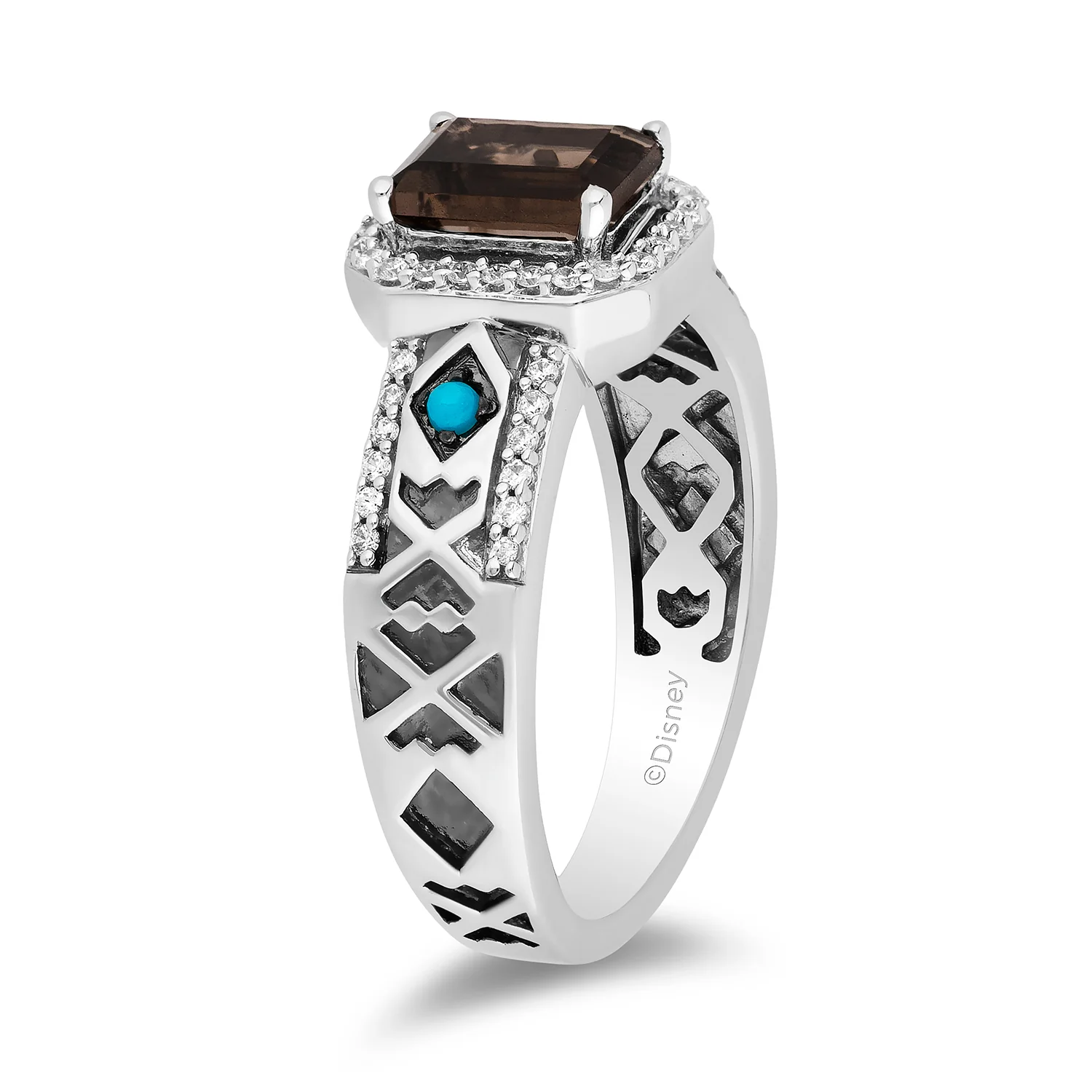 Enchanted Disney Fine Jewelry Sterling Silver with 1/5 CTTW Diamond with Smokey Quartz and Turquoise Pocahontas Ring - Image 5