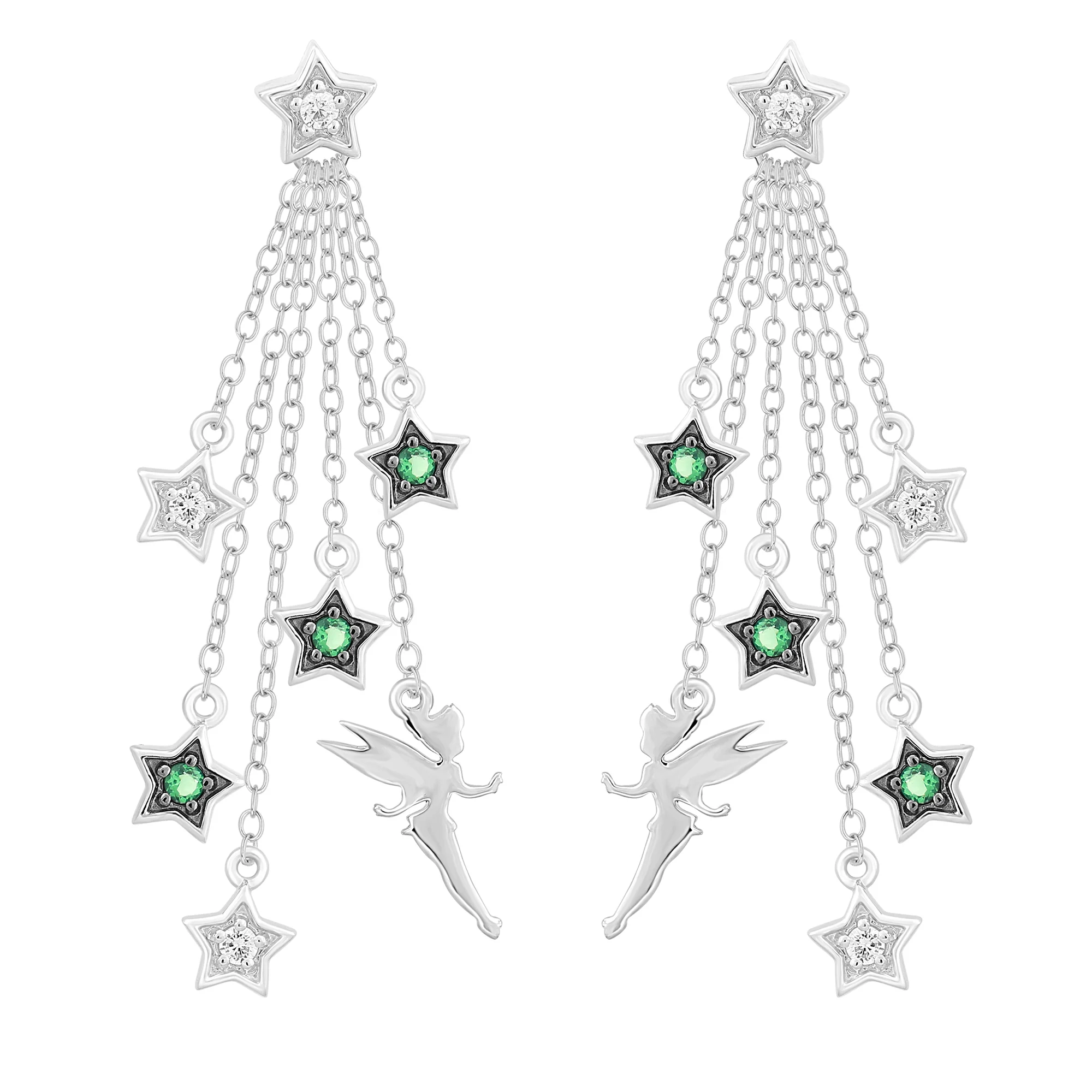 Enchanted Disney Fine Jewelry Sterling Silver with 1/6 CTTW Diamonds and Green Tourmaline Tinker Bell Earrings