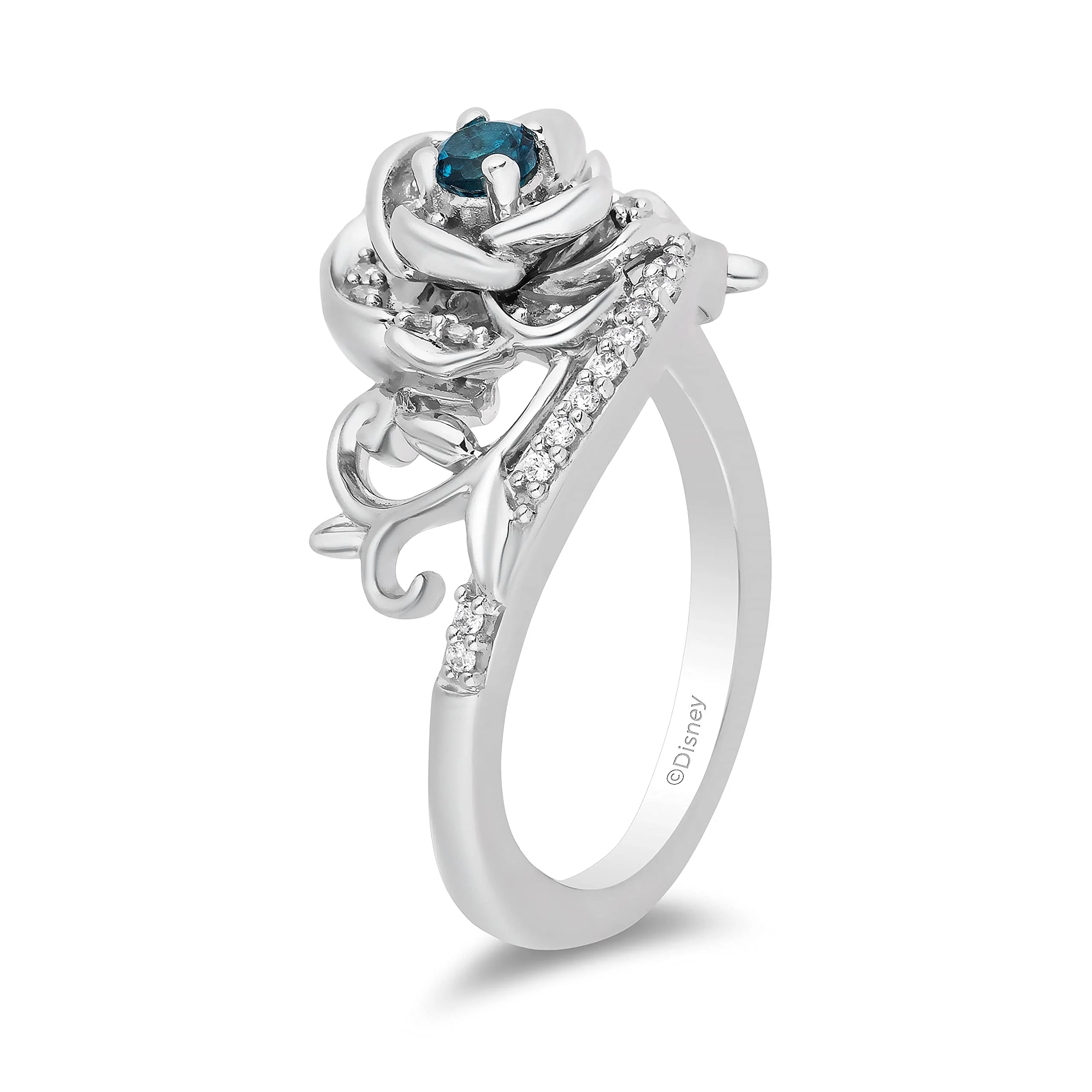 Enchanted Disney Fine Jewelry Sterling Silver with 1/6 CTTW Diamonds and London Blue Topaz, Disney's Cinderella Flower Ring - Image 5