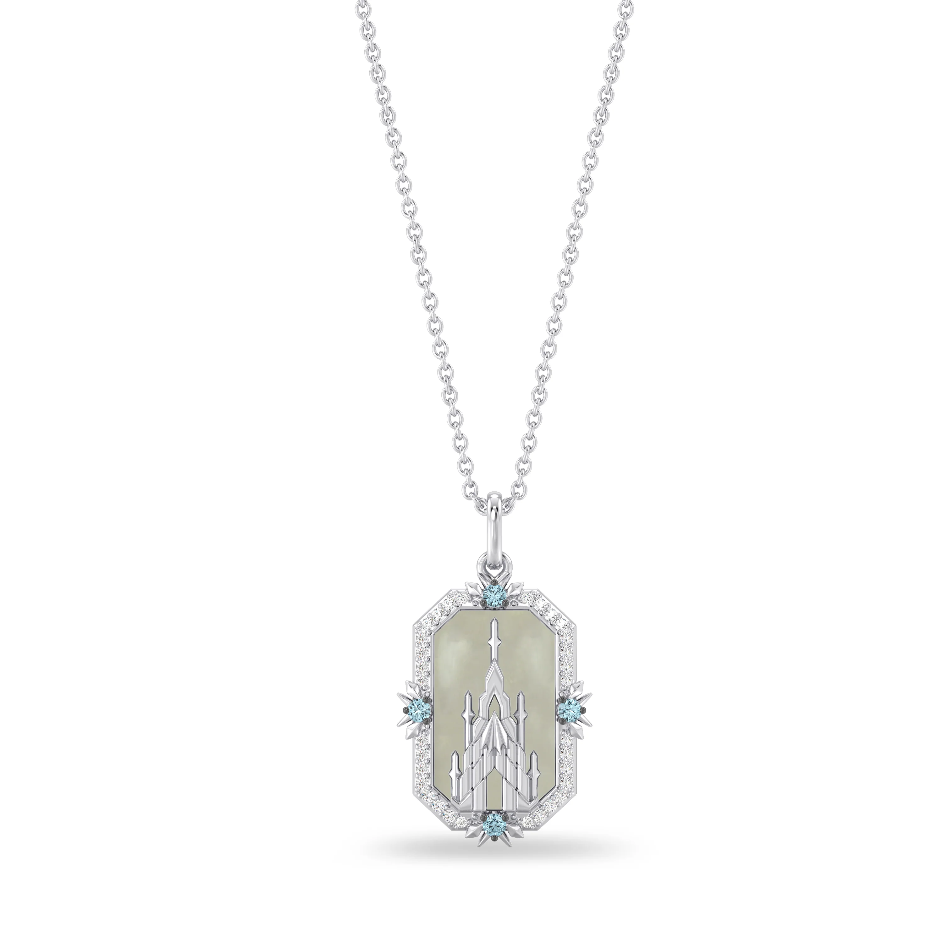 Enchanted Disney Fine Jewelry Sterling Silver with 1/8 CTTW Diamonds, Mother of Pearl and Baby Swiss Blue Topaz Elsa Necklace
