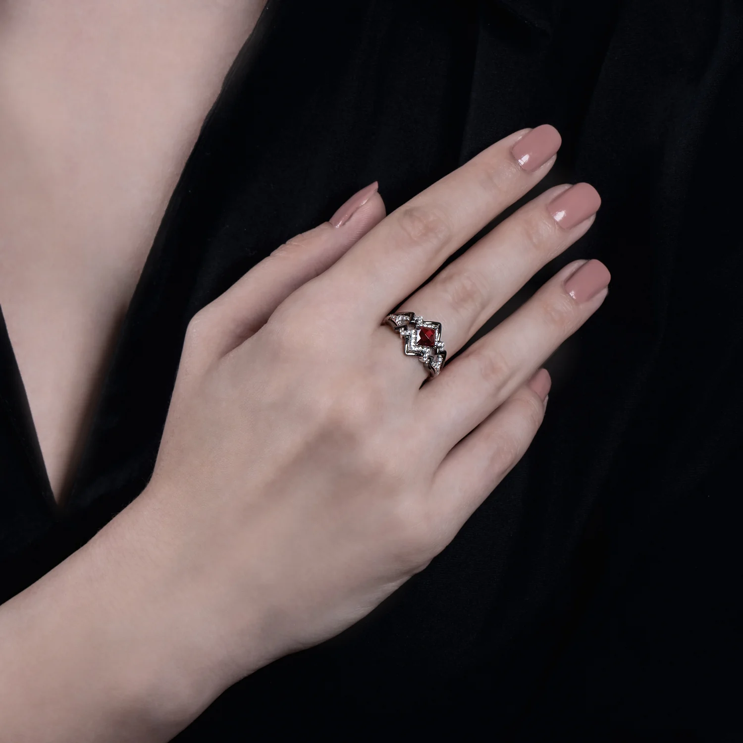 Enchanted Disney Fine Jewelry The Deville is in the Details Sterling Silver and Black Rhodium 1/5 CTTW Diamond and Garnet Disney Cruella Live Action Ring - Image 2