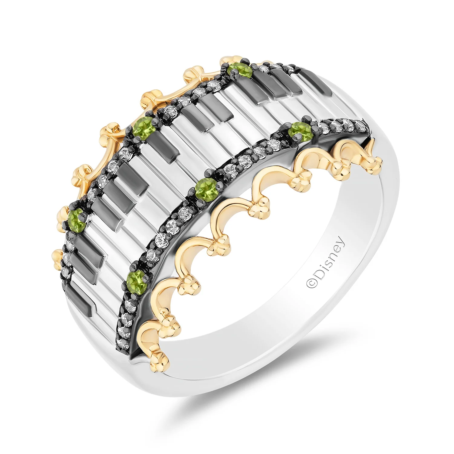 Enchanted Disney Fine Jewelry Black Rhodium Over Sterling Silver and 10K Yellow Gold with 1/8 CTTW Diamonds and Peridot, Disney's Tiana Piano Ring