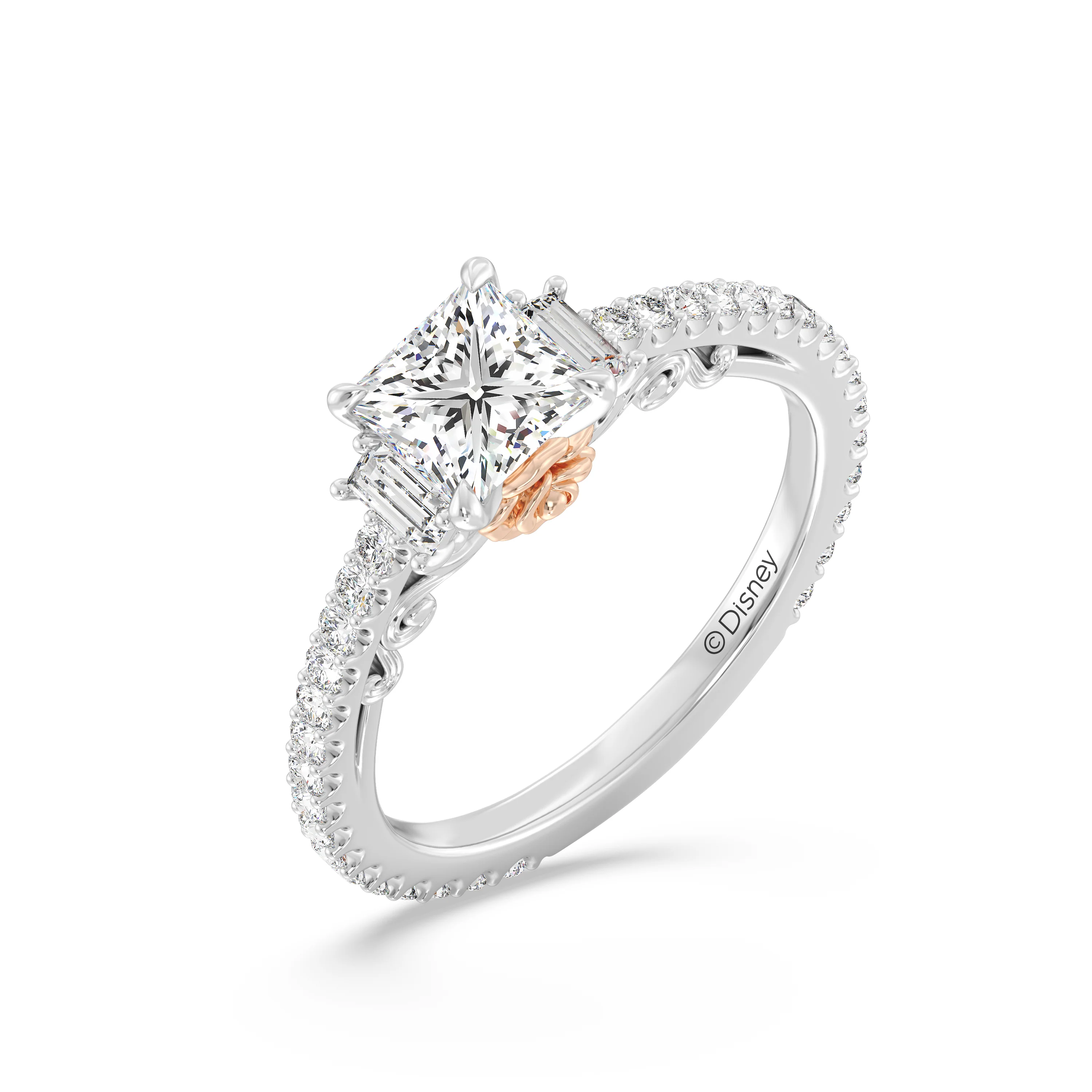 Enchanted Star Princess Cut Lab Grown Diamond Disney Princess Belle Hidden Halo Engagement Ring in 14K White Gold